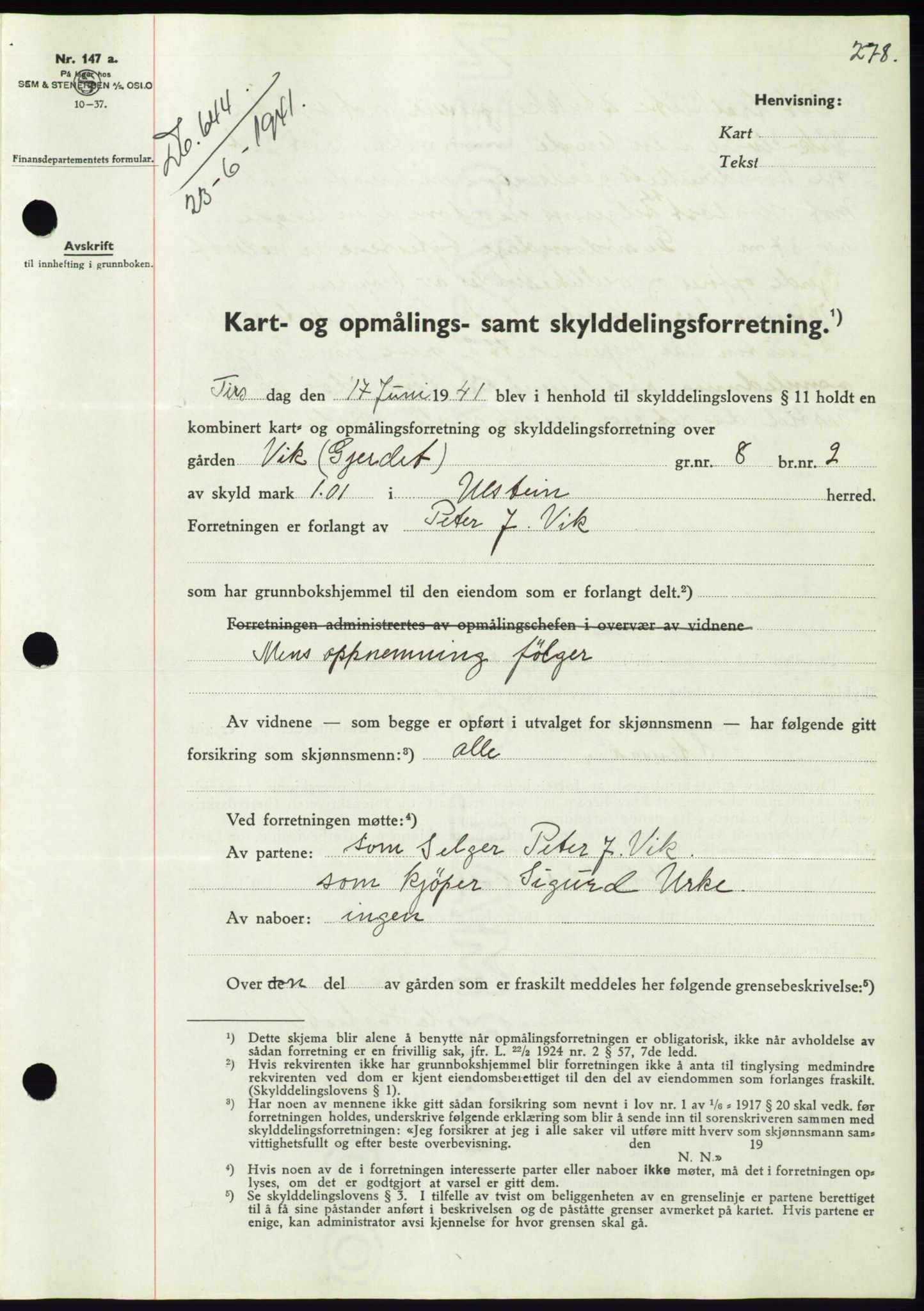 Søre Sunnmøre sorenskriveri, AV/SAT-A-4122/1/2/2C/L0071: Mortgage book no. 65, 1941-1941, Diary no: : 644/1941