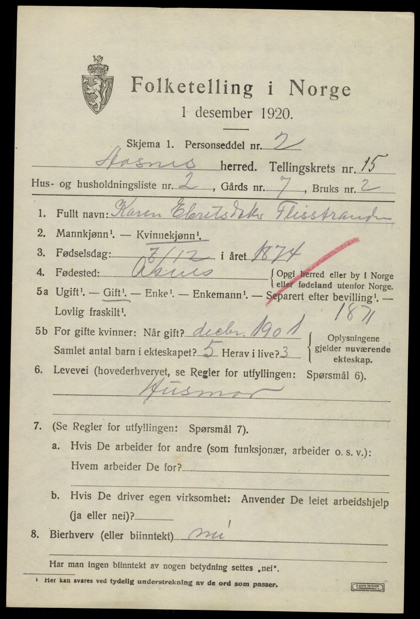 SAH, 1920 census for Åsnes, 1920, p. 14046