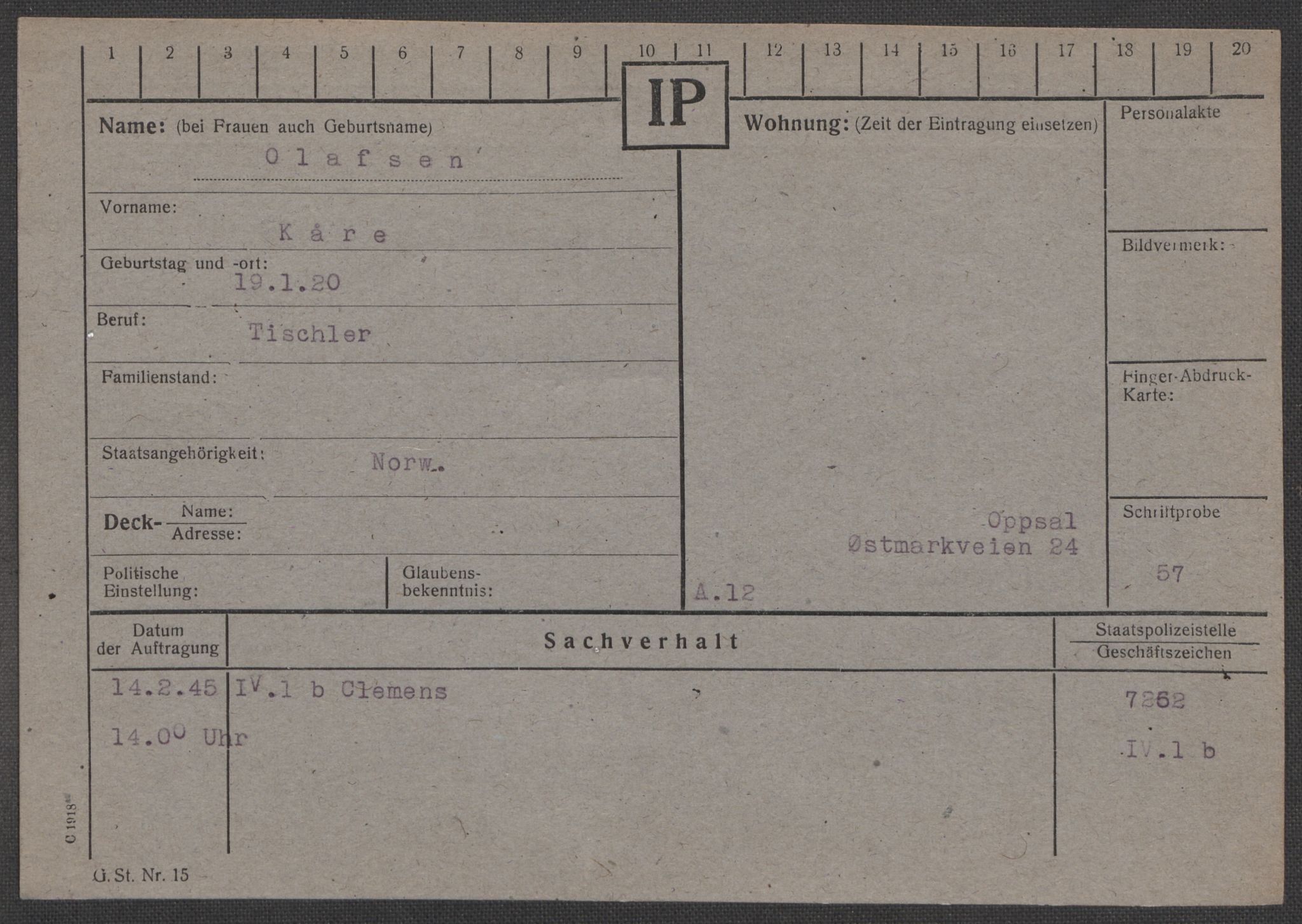 Befehlshaber der Sicherheitspolizei und des SD, RA/RAFA-5969/E/Ea/Eaa/L0008: Register over norske fanger i Møllergata 19: Oelze-Ru, 1940-1945, p. 18