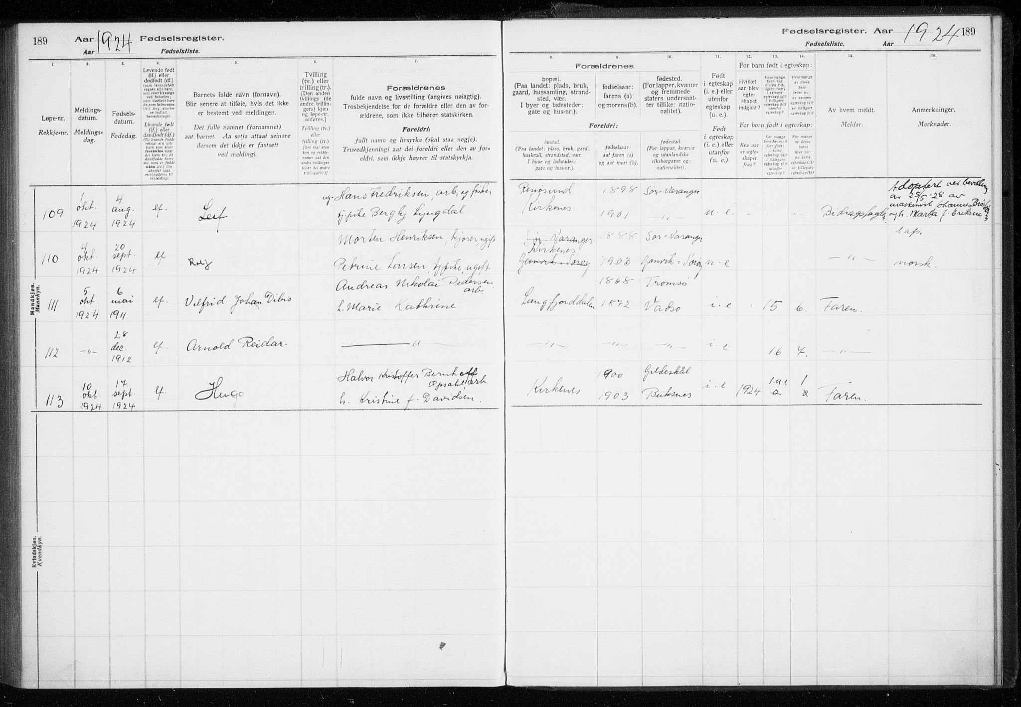 Sør-Varanger sokneprestkontor, AV/SATØ-S-1331/I/Ia/L0016: Birth register no. 16, 1915-1925, p. 189