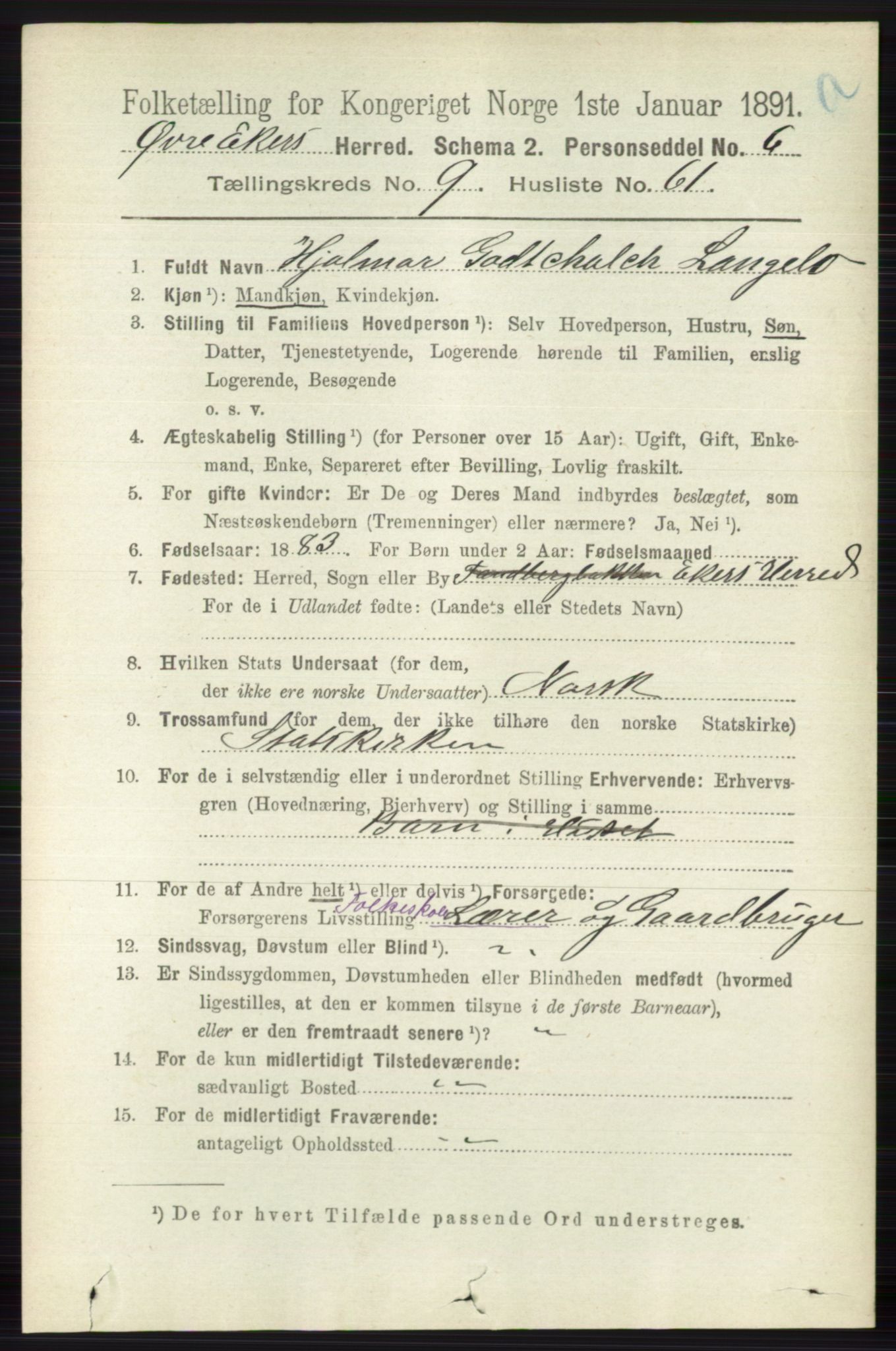 RA, 1891 census for 0624 Øvre Eiker, 1891, p. 3964