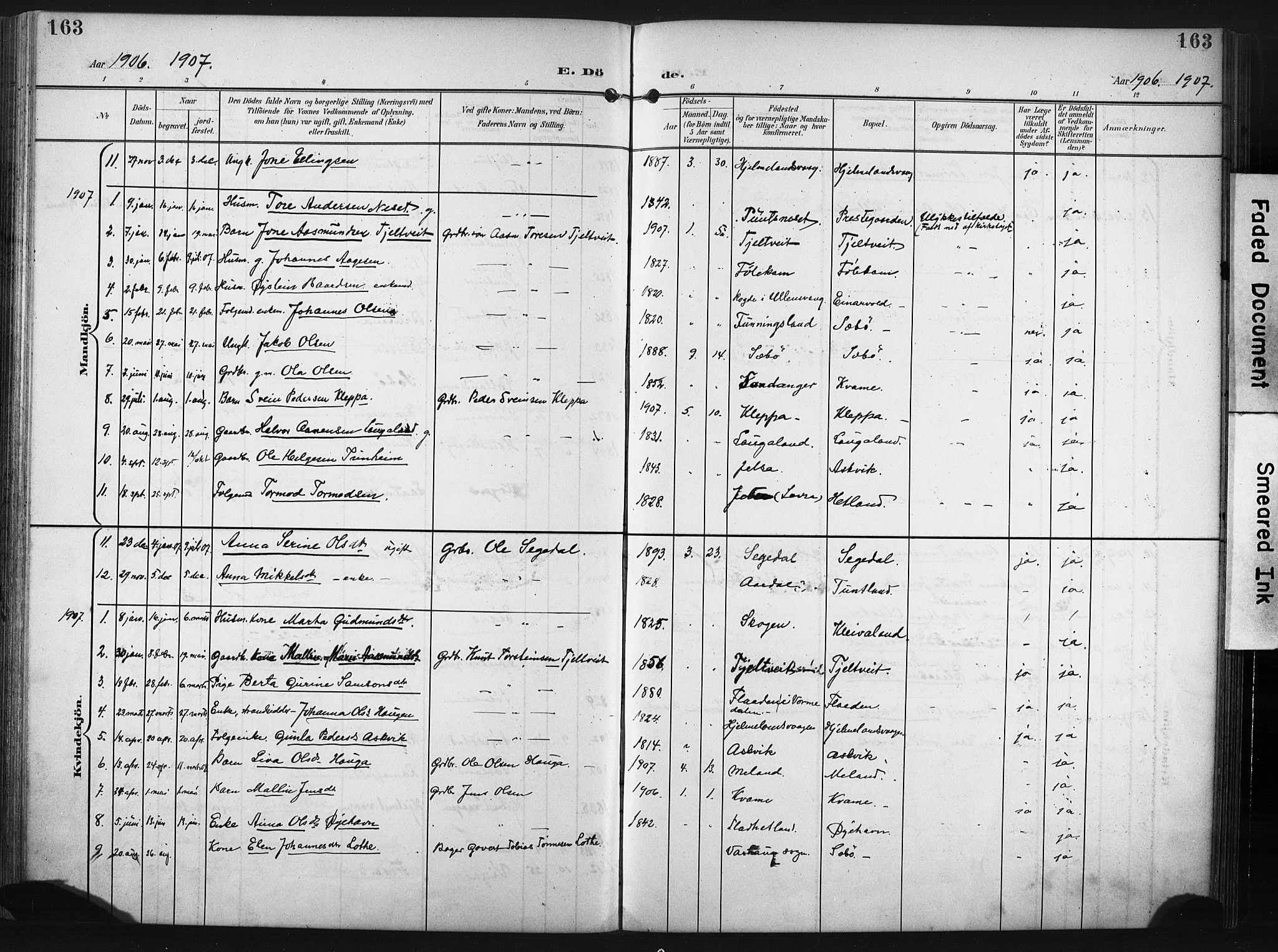 Hjelmeland sokneprestkontor, SAST/A-101843/02/A/L0002: Parish register (official) no. A 17, 1901-1916, p. 163