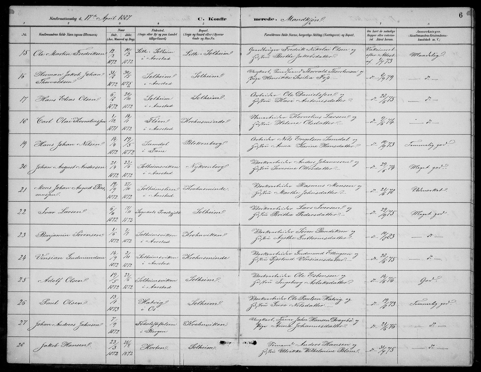 Årstad Sokneprestembete, AV/SAB-A-79301/H/Hab/L0011: Parish register (copy) no. B 1, 1886-1901, p. 6