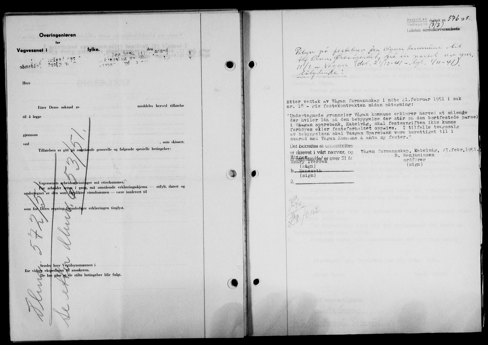 Lofoten sorenskriveri, SAT/A-0017/1/2/2C/L0025a: Mortgage book no. 25a, 1950-1951, Diary no: : 576/1951