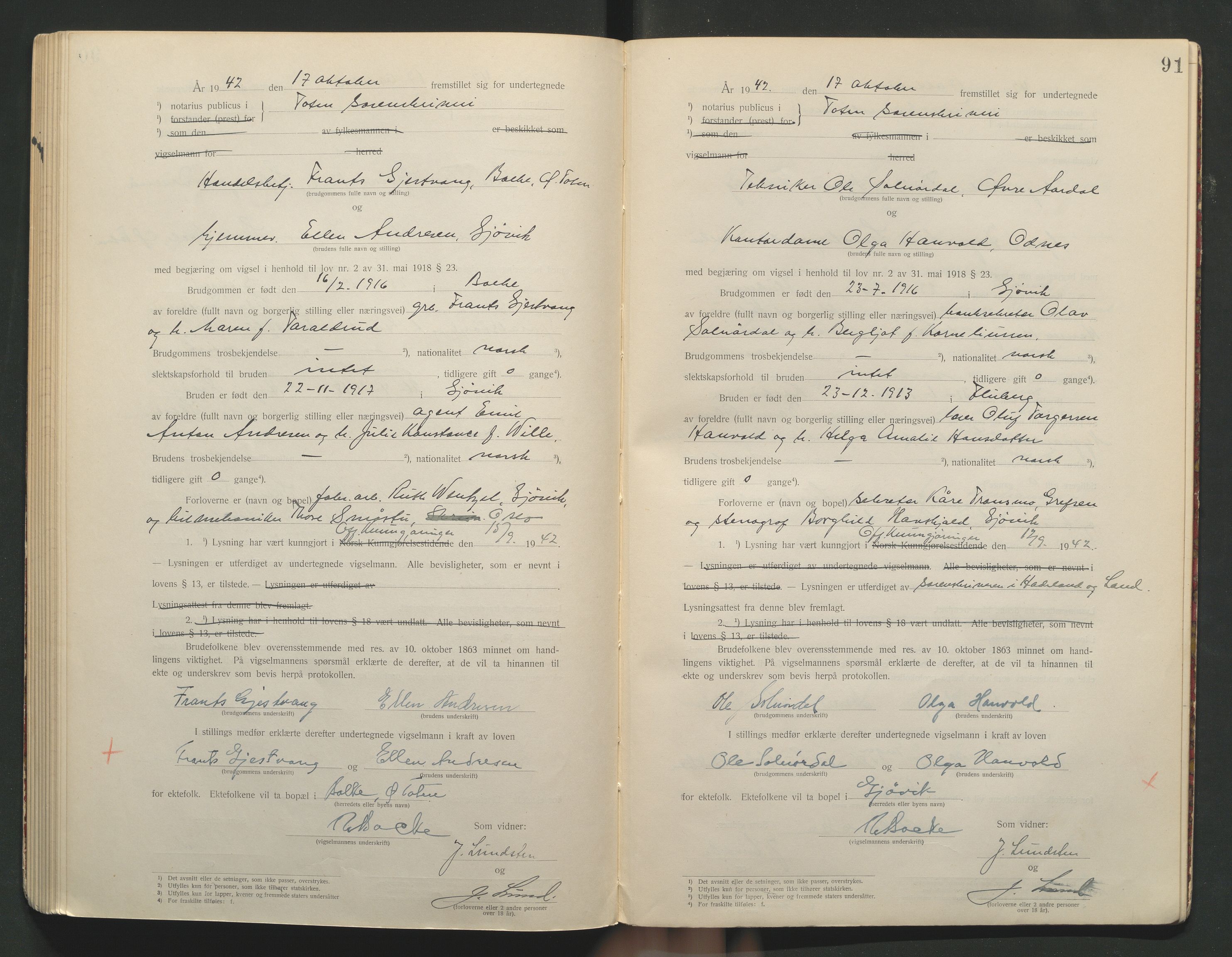 Toten tingrett, AV/SAH-TING-006/L/Lc/L0001: Vigselbok, 1920-1942, p. 91