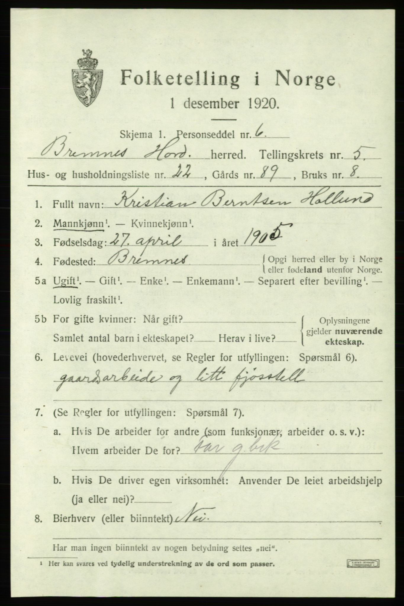 SAB, 1920 census for Bremnes, 1920, p. 2778