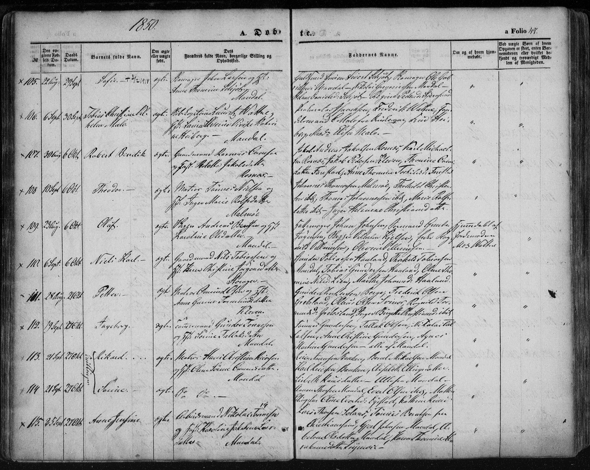 Mandal sokneprestkontor, AV/SAK-1111-0030/F/Fa/Faa/L0013: Parish register (official) no. A 13, 1847-1859, p. 47