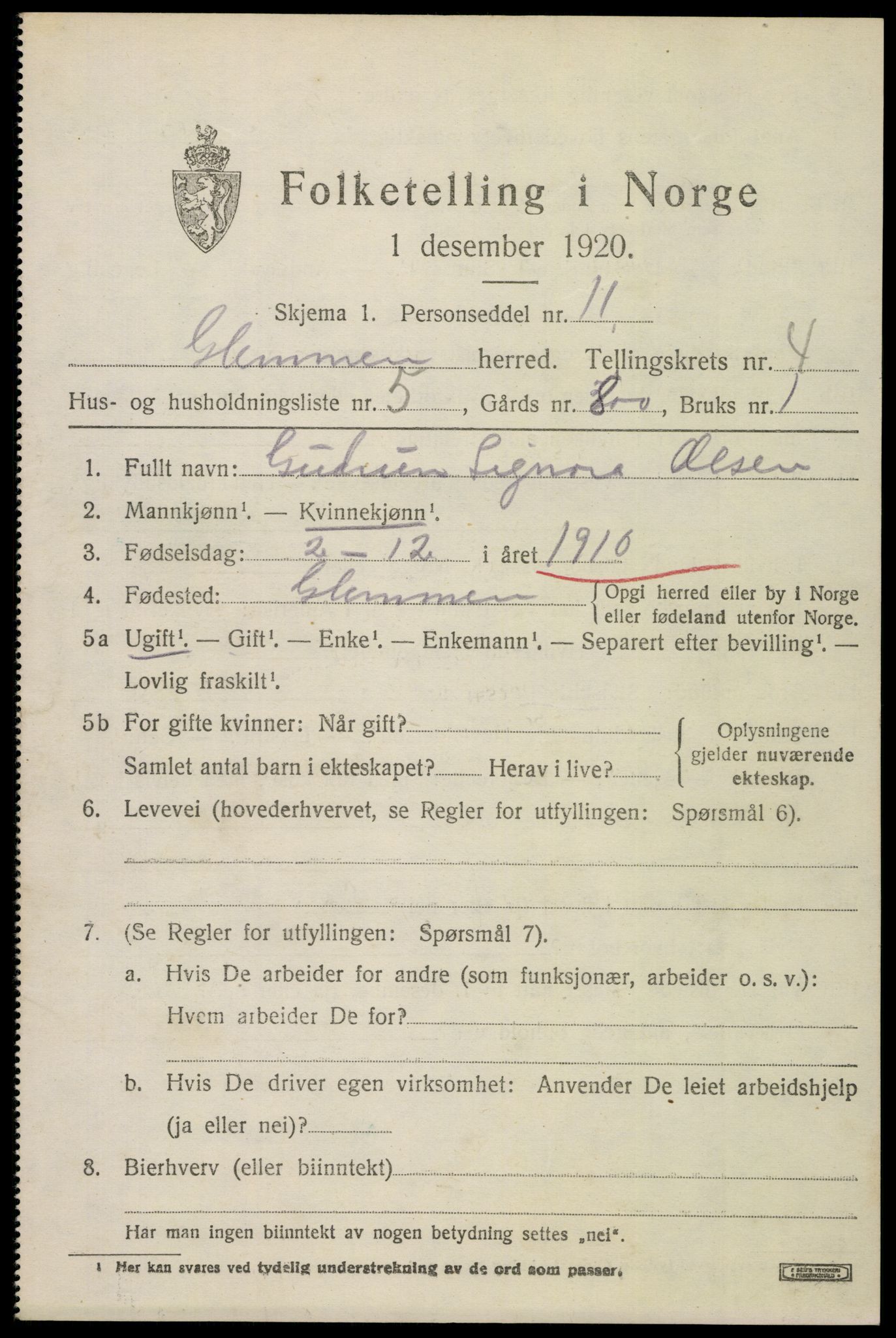 SAO, 1920 census for Glemmen, 1920, p. 15079