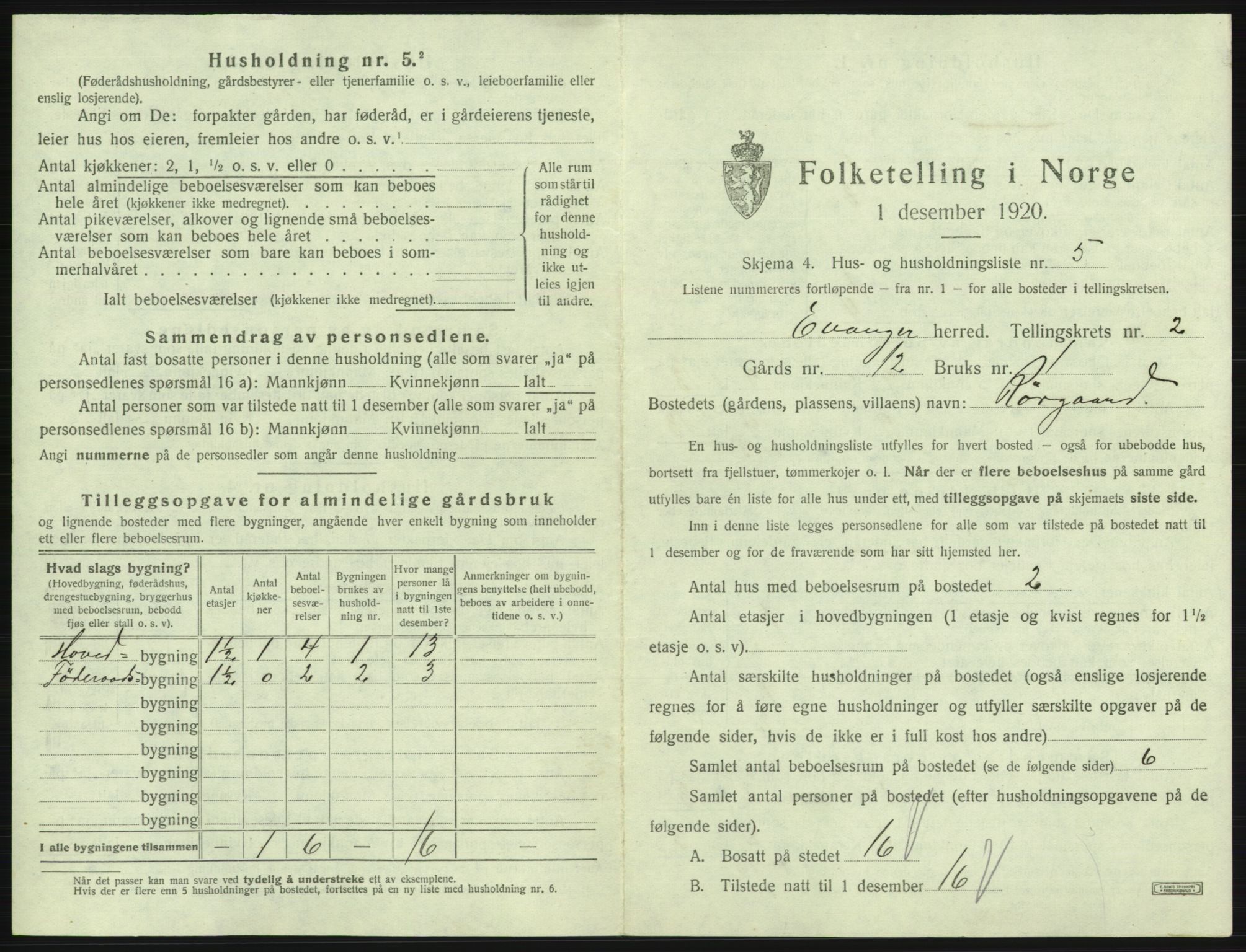 SAB, 1920 census for Evanger, 1920, p. 111
