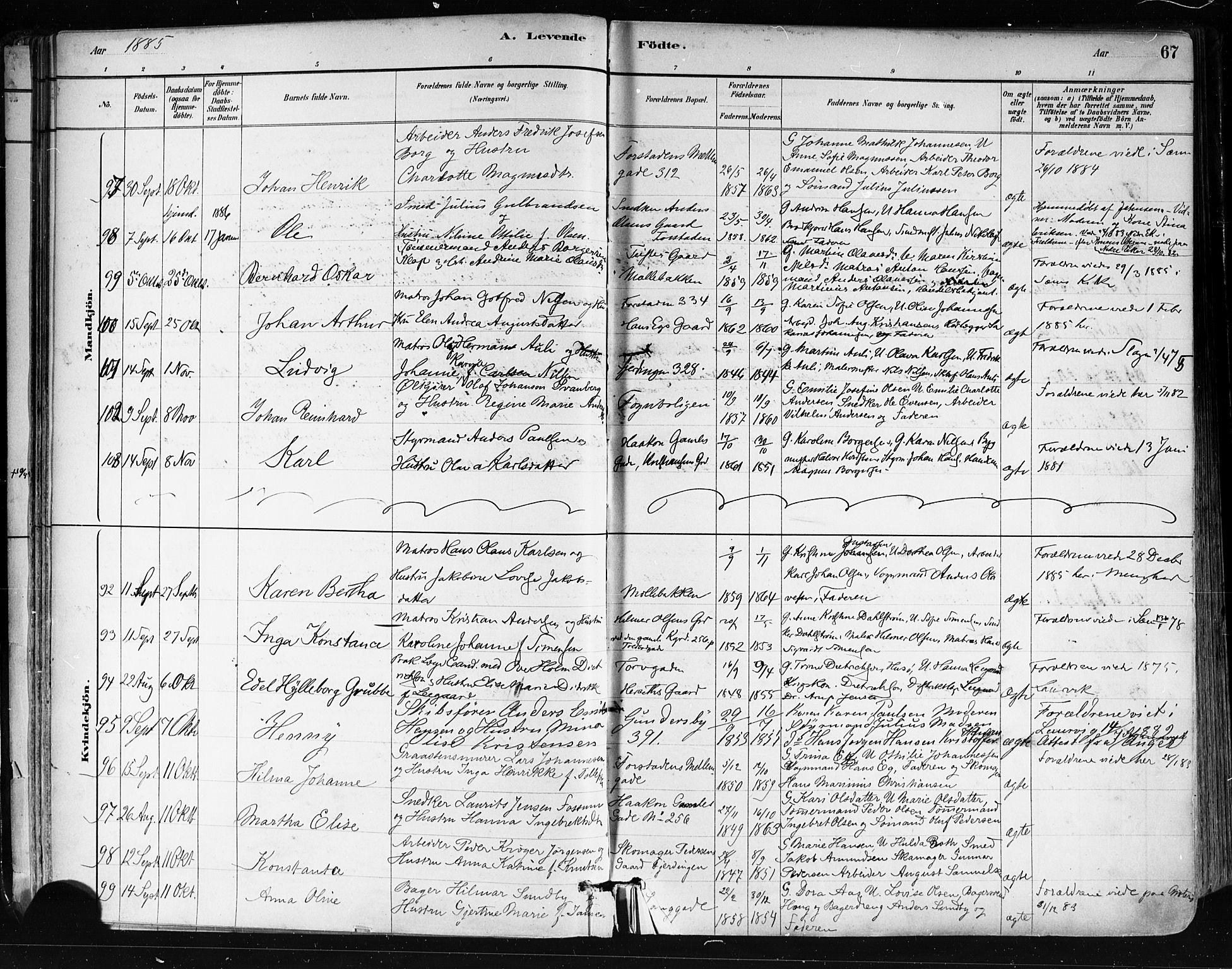 Tønsberg kirkebøker, AV/SAKO-A-330/F/Fa/L0011: Parish register (official) no. I 11, 1881-1890, p. 67