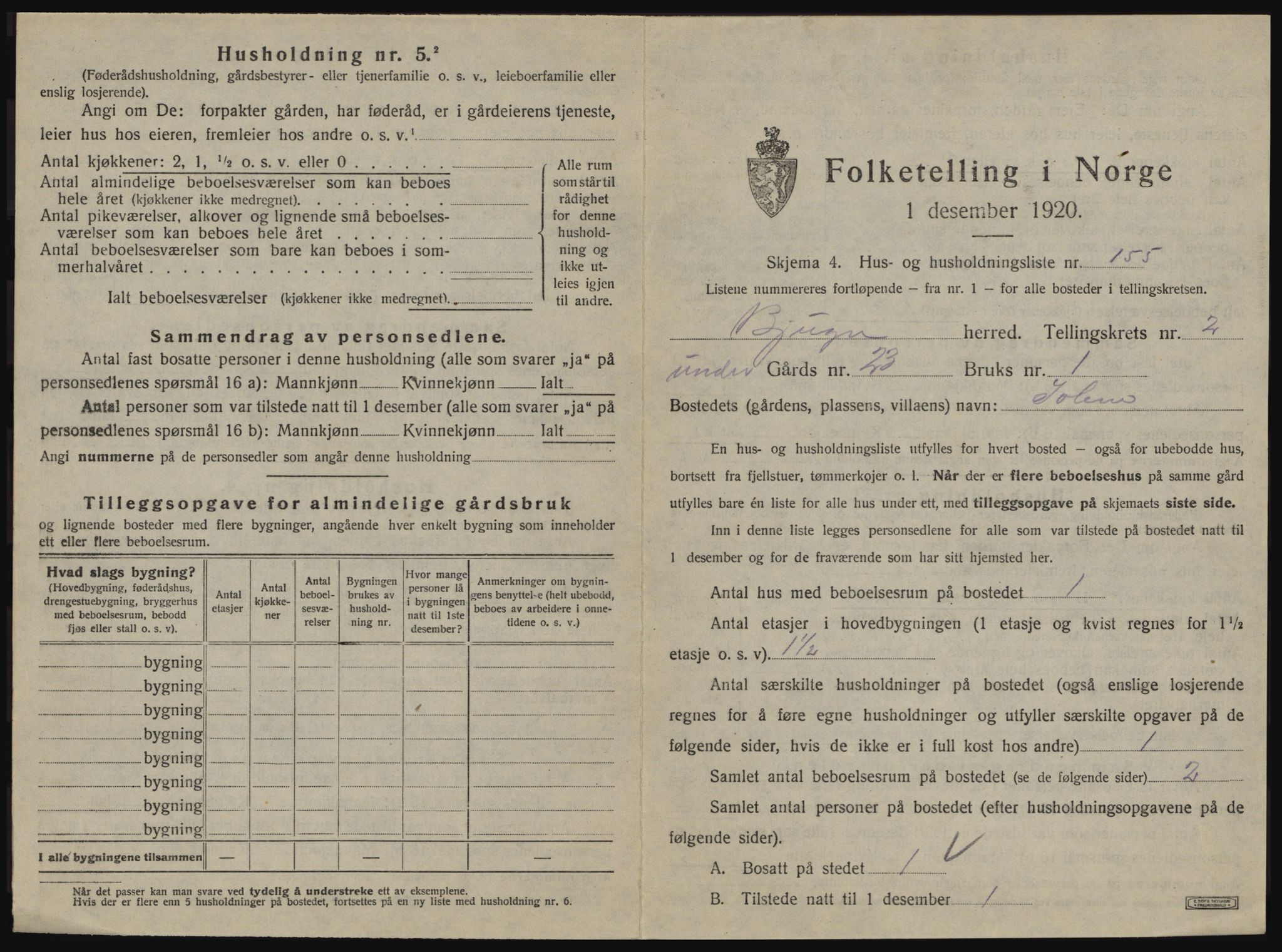 SAT, 1920 census for Bjugn, 1920, p. 487