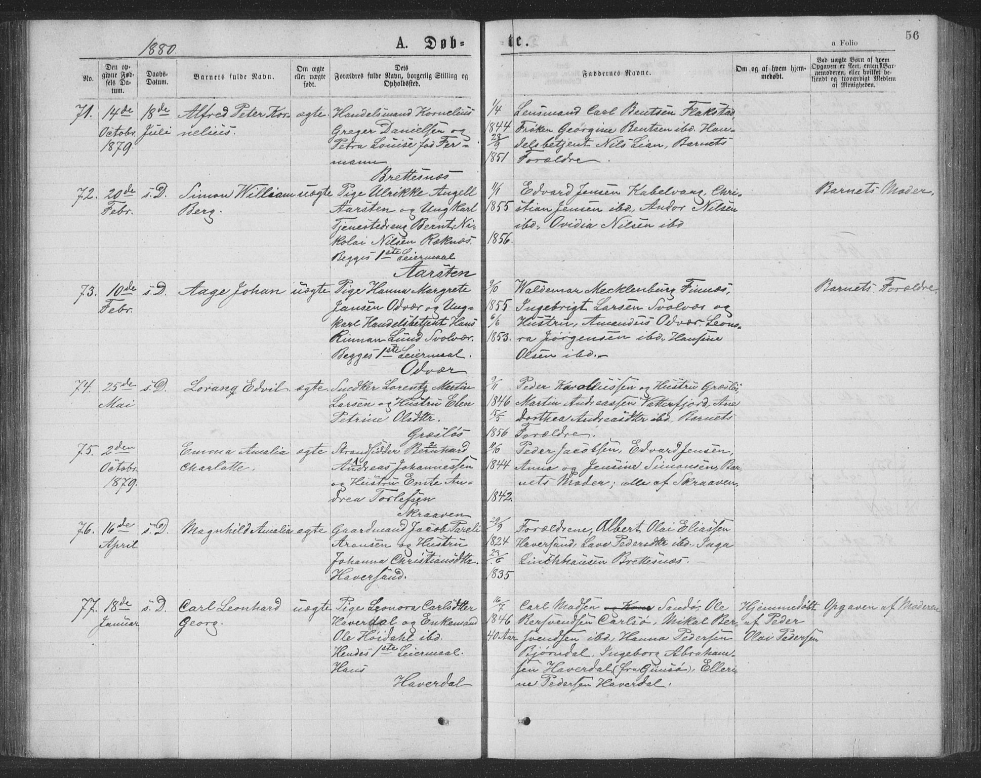 Ministerialprotokoller, klokkerbøker og fødselsregistre - Nordland, AV/SAT-A-1459/874/L1075: Parish register (copy) no. 874C04, 1876-1883, p. 56