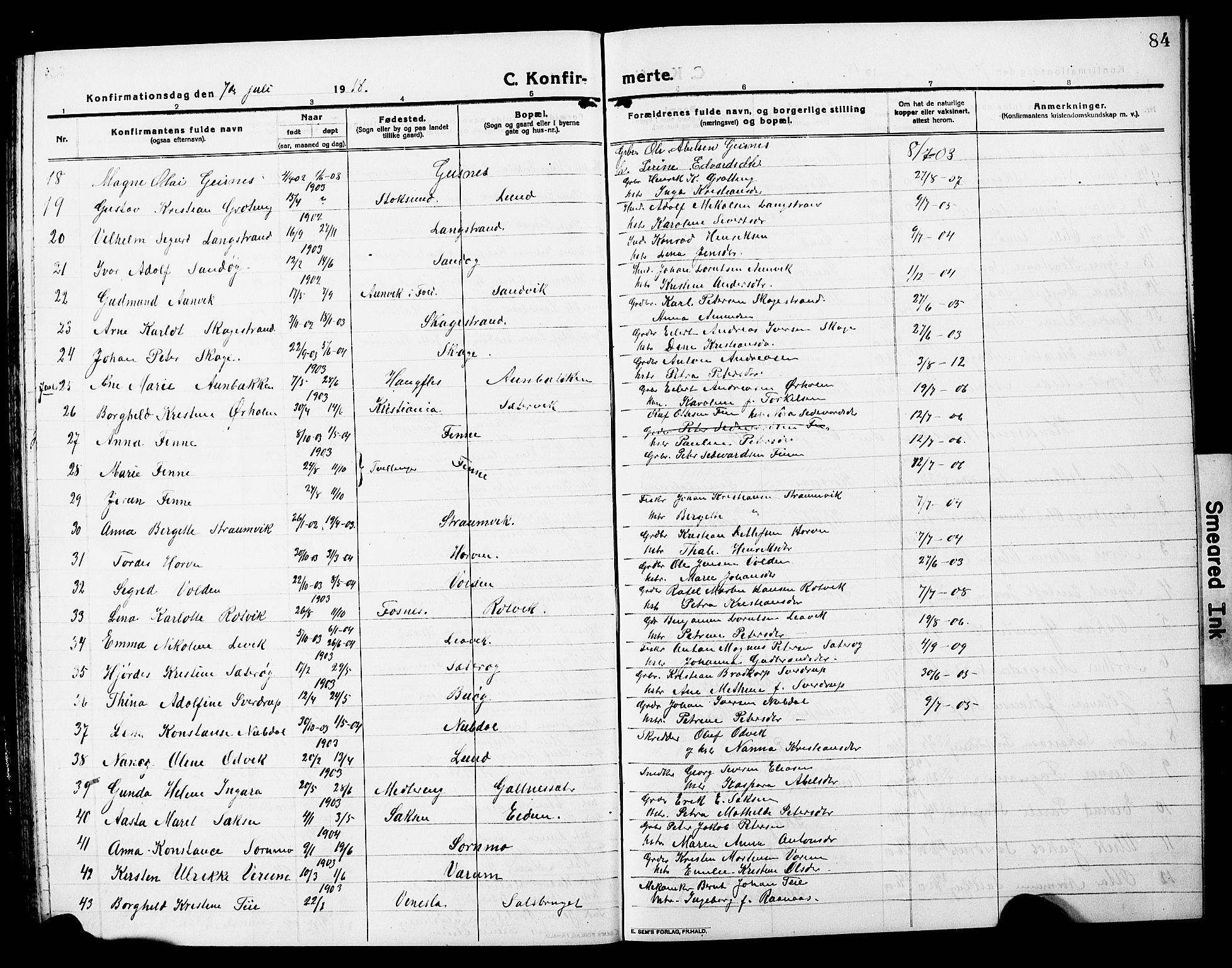 Ministerialprotokoller, klokkerbøker og fødselsregistre - Nord-Trøndelag, AV/SAT-A-1458/780/L0653: Parish register (copy) no. 780C05, 1911-1927, p. 84