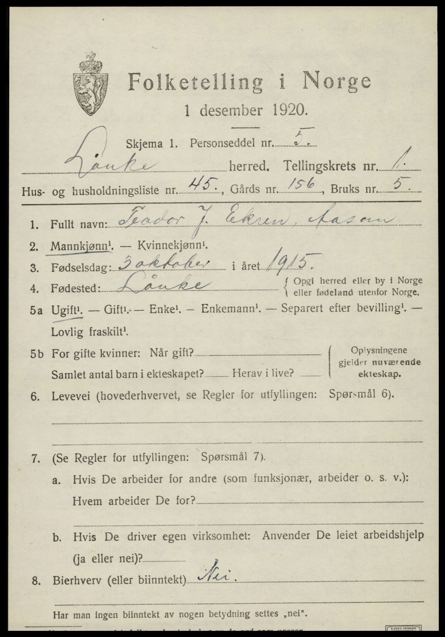 SAT, 1920 census for Lånke, 1920, p. 1032