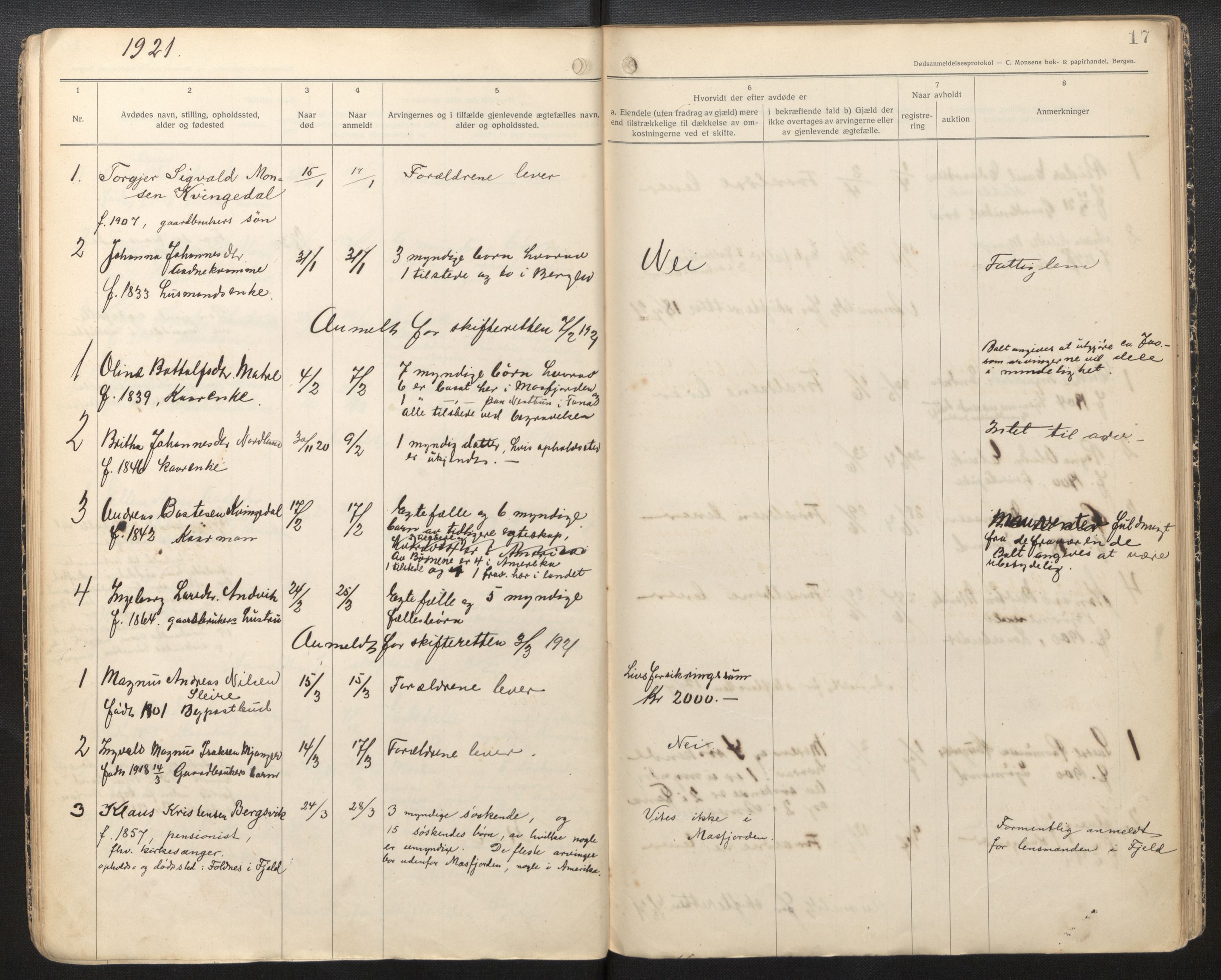 Lensmannen i Masfjorden, AV/SAB-A-33801/0006/L0006c: Dødsfallprotokoll, 1918-1935, p. 17