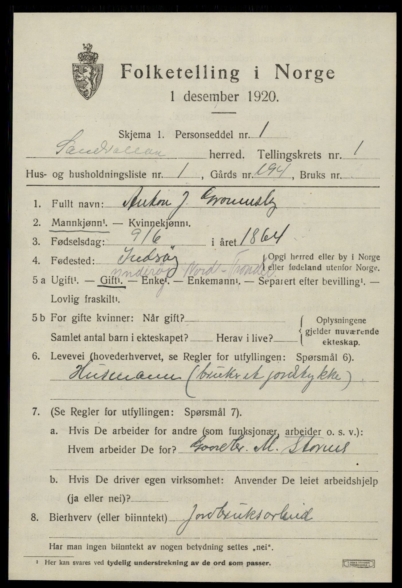 SAT, 1920 census for Sandvollan, 1920, p. 309