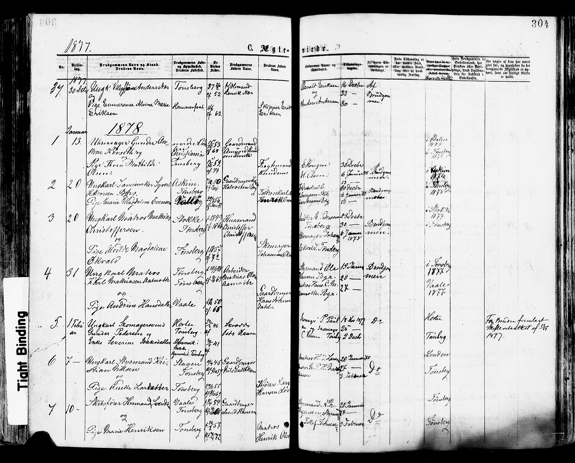 Tønsberg kirkebøker, SAKO/A-330/F/Fa/L0010: Parish register (official) no. I 10, 1874-1880, p. 304