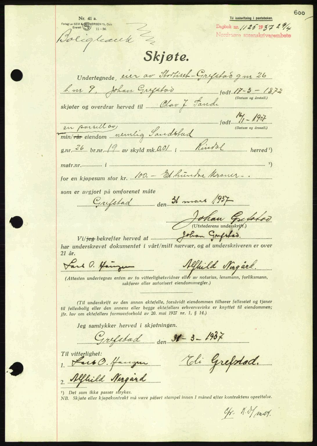 Nordmøre sorenskriveri, AV/SAT-A-4132/1/2/2Ca: Mortgage book no. A81, 1937-1937, Diary no: : 1125/1937