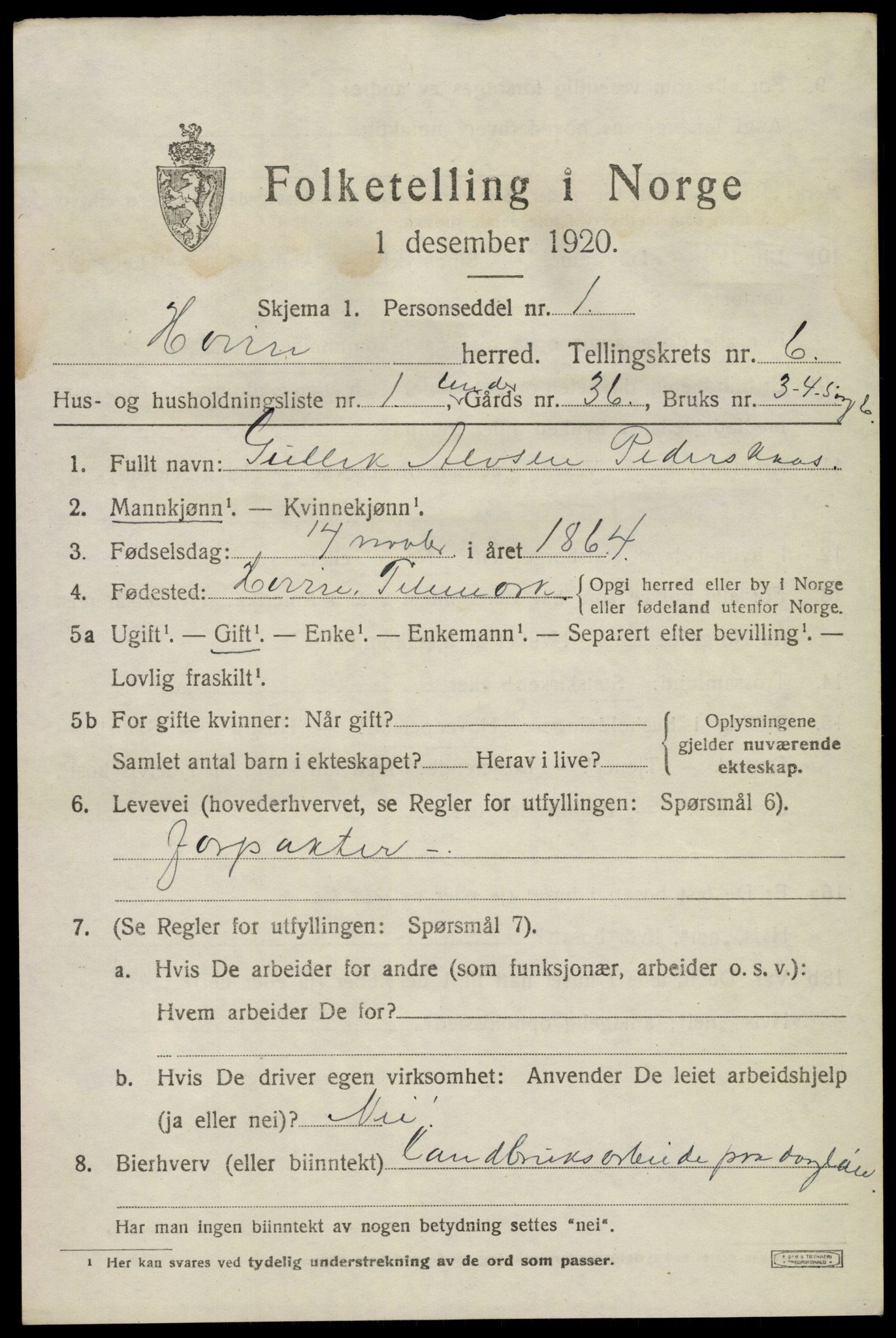 SAKO, 1920 census for Hovin, 1920, p. 1437