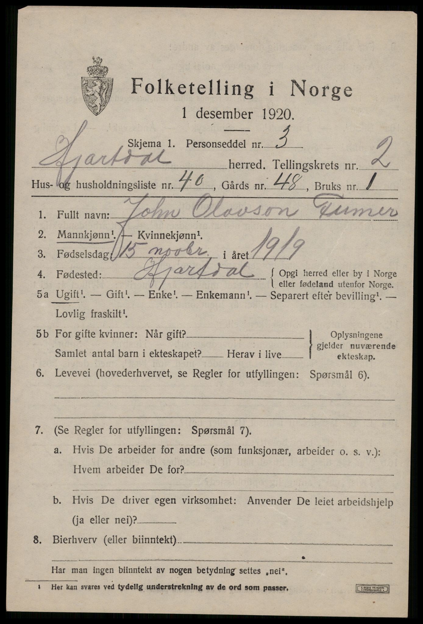 SAKO, 1920 census for Hjartdal, 1920, p. 2240