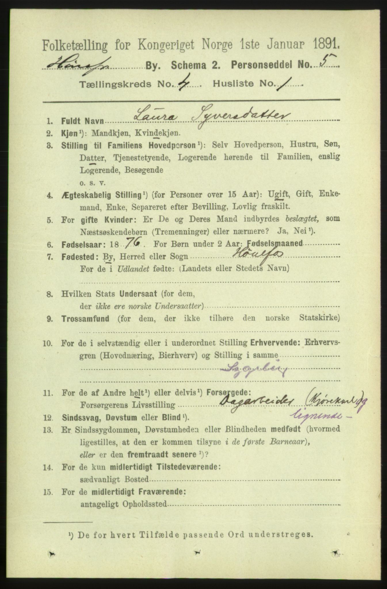 RA, 1891 census for 0601 Hønefoss, 1891, p. 791