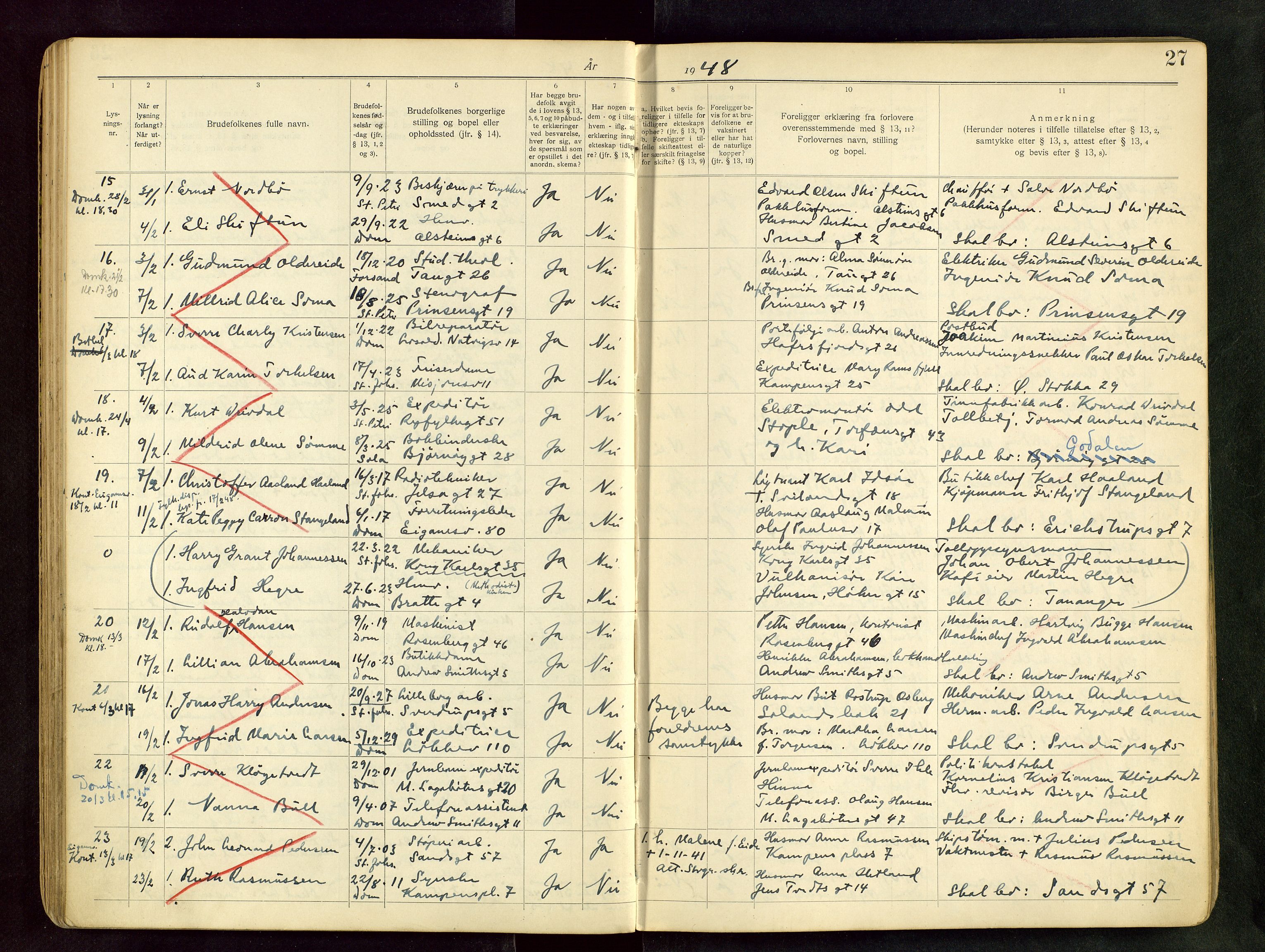 Domkirken sokneprestkontor, AV/SAST-A-101812/001/70/705BB/L0004: Banns register no. 4, 1943-1951, p. 27