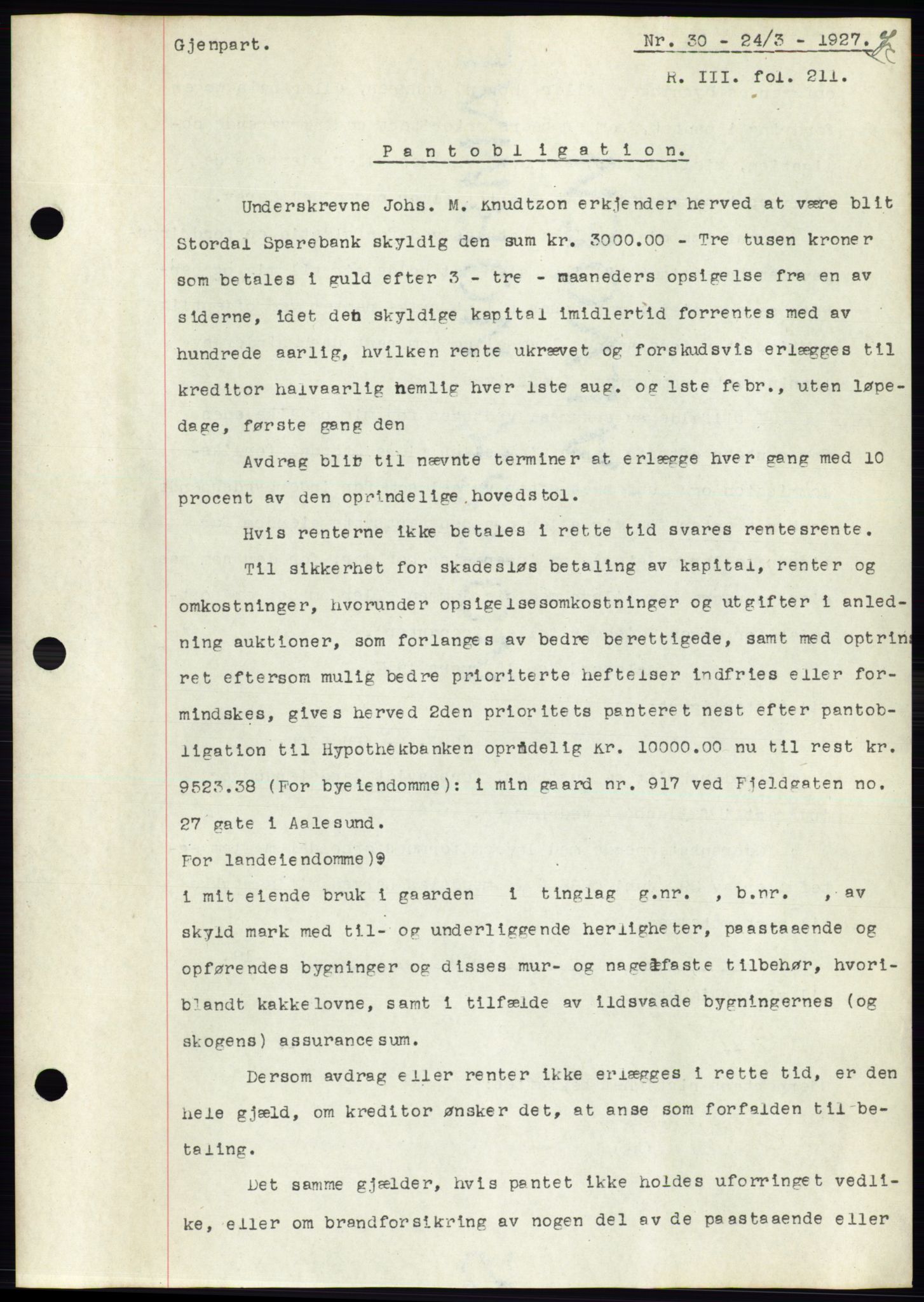 Ålesund byfogd, AV/SAT-A-4384: Mortgage book no. 21, 1926-1927, Deed date: 24.03.1927