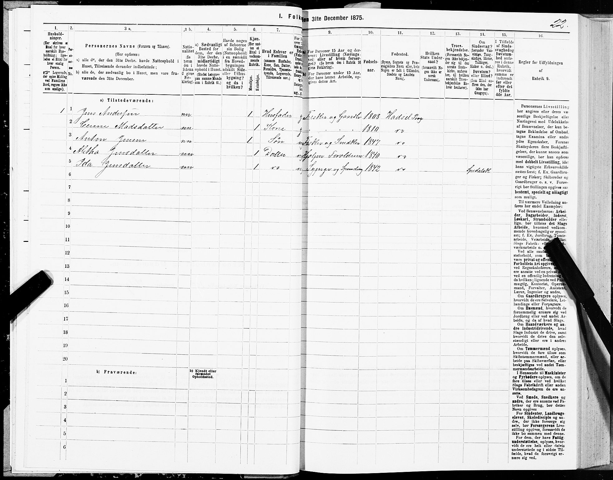 SAT, 1875 census for 1866P Hadsel, 1875, p. 1022