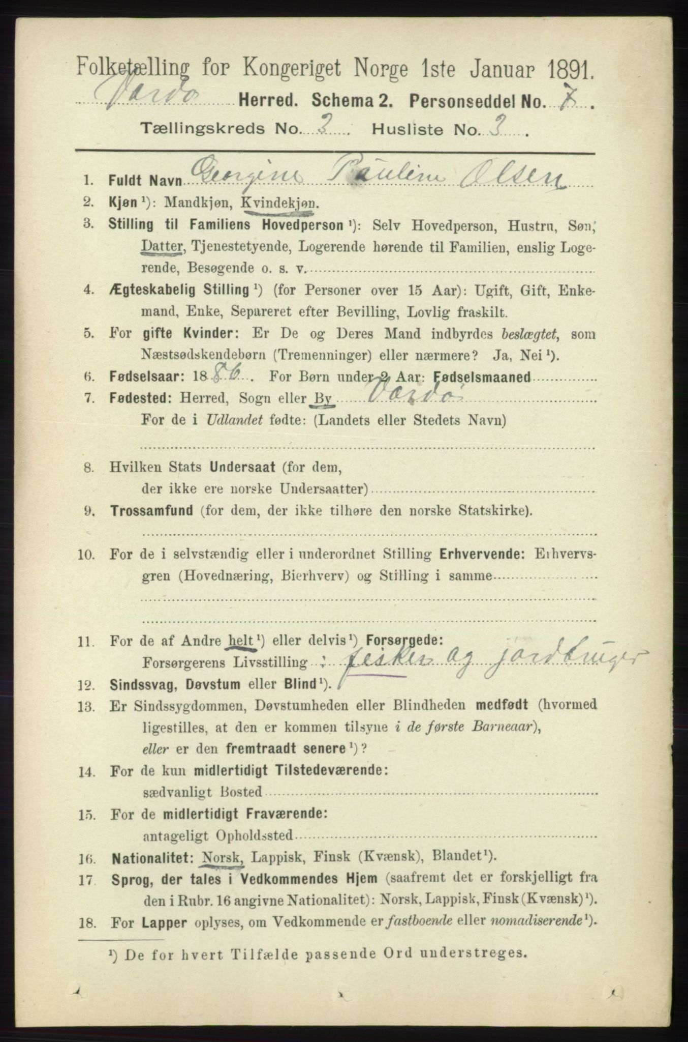 RA, 1891 census for 2028 Vardø, 1891, p. 833