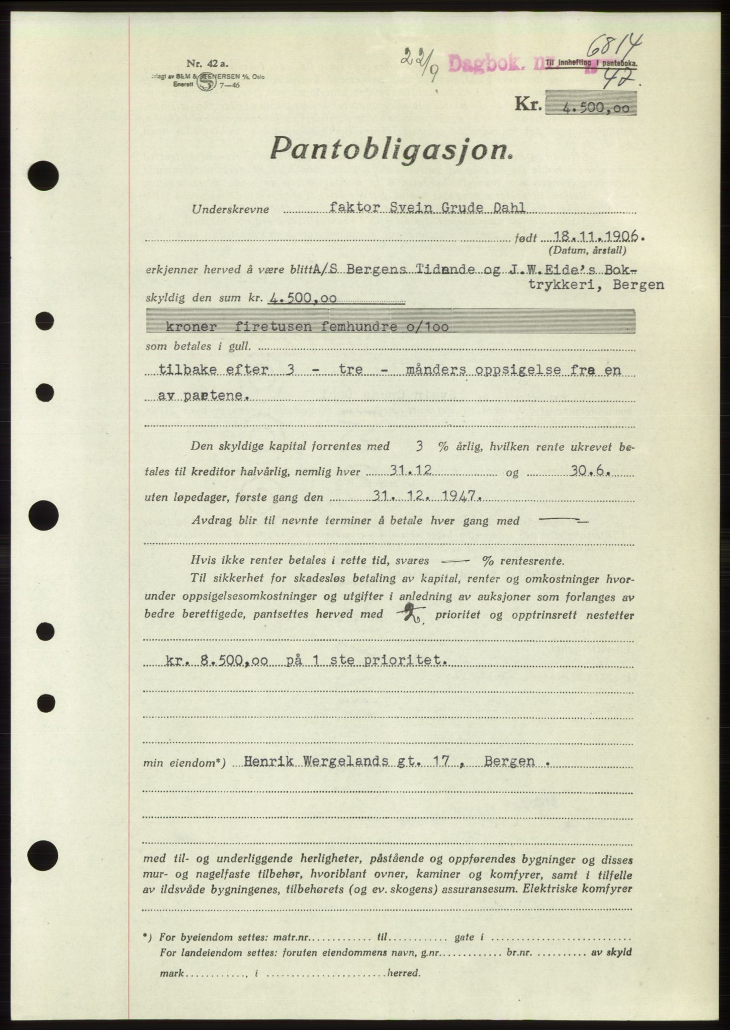 Byfogd og Byskriver i Bergen, AV/SAB-A-3401/03/03Bd/L0003: Mortgage book no. B29-39, 1947-1950, Diary no: : 6814/1947