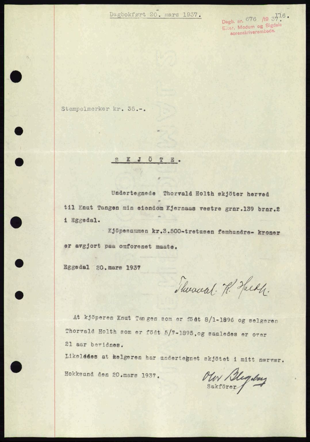 Eiker, Modum og Sigdal sorenskriveri, SAKO/A-123/G/Ga/Gab/L0035: Mortgage book no. A5, 1937-1937, Diary no: : 676/1937