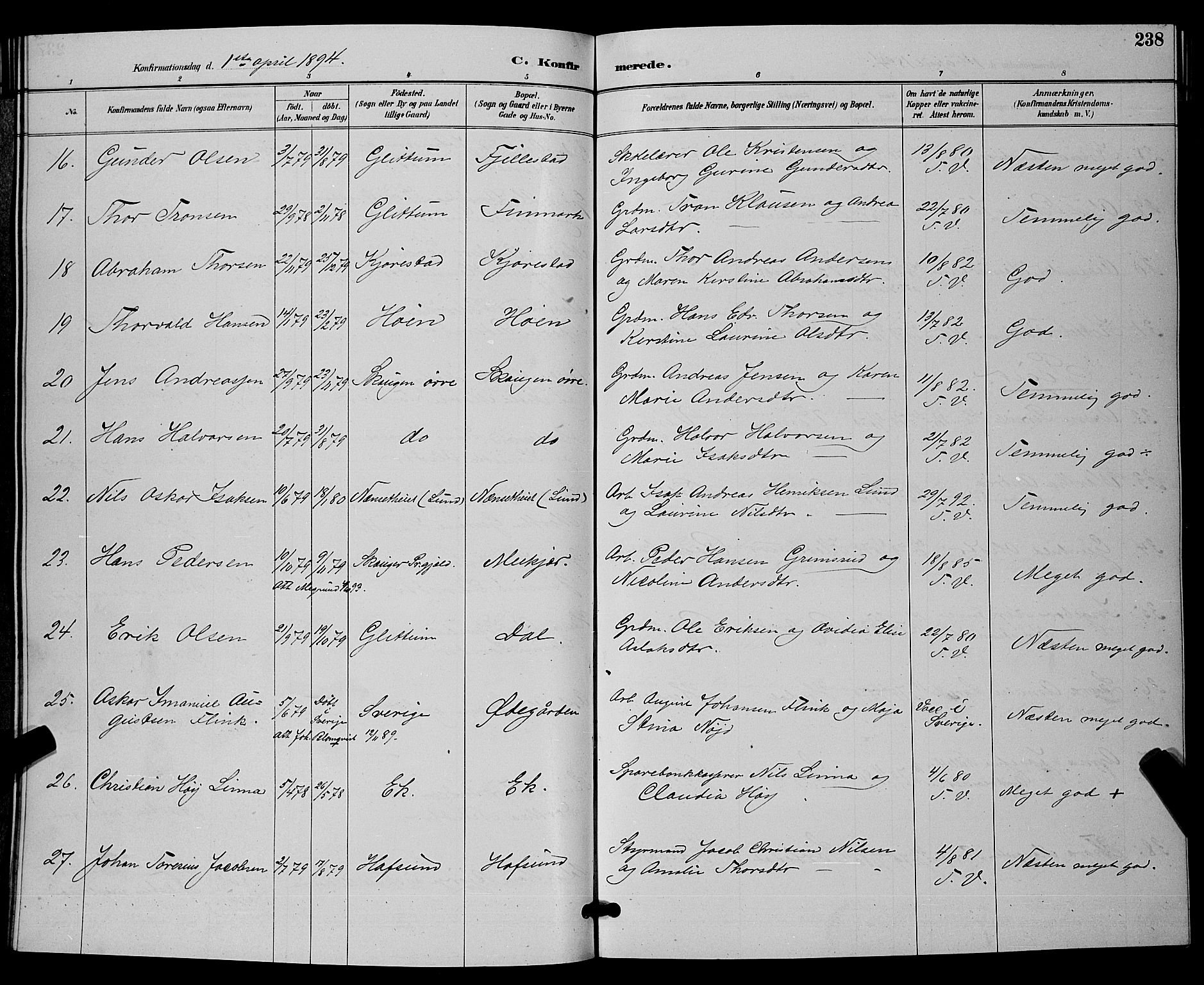 Bamble kirkebøker, AV/SAKO-A-253/G/Ga/L0009: Parish register (copy) no. I 9, 1888-1900, p. 238