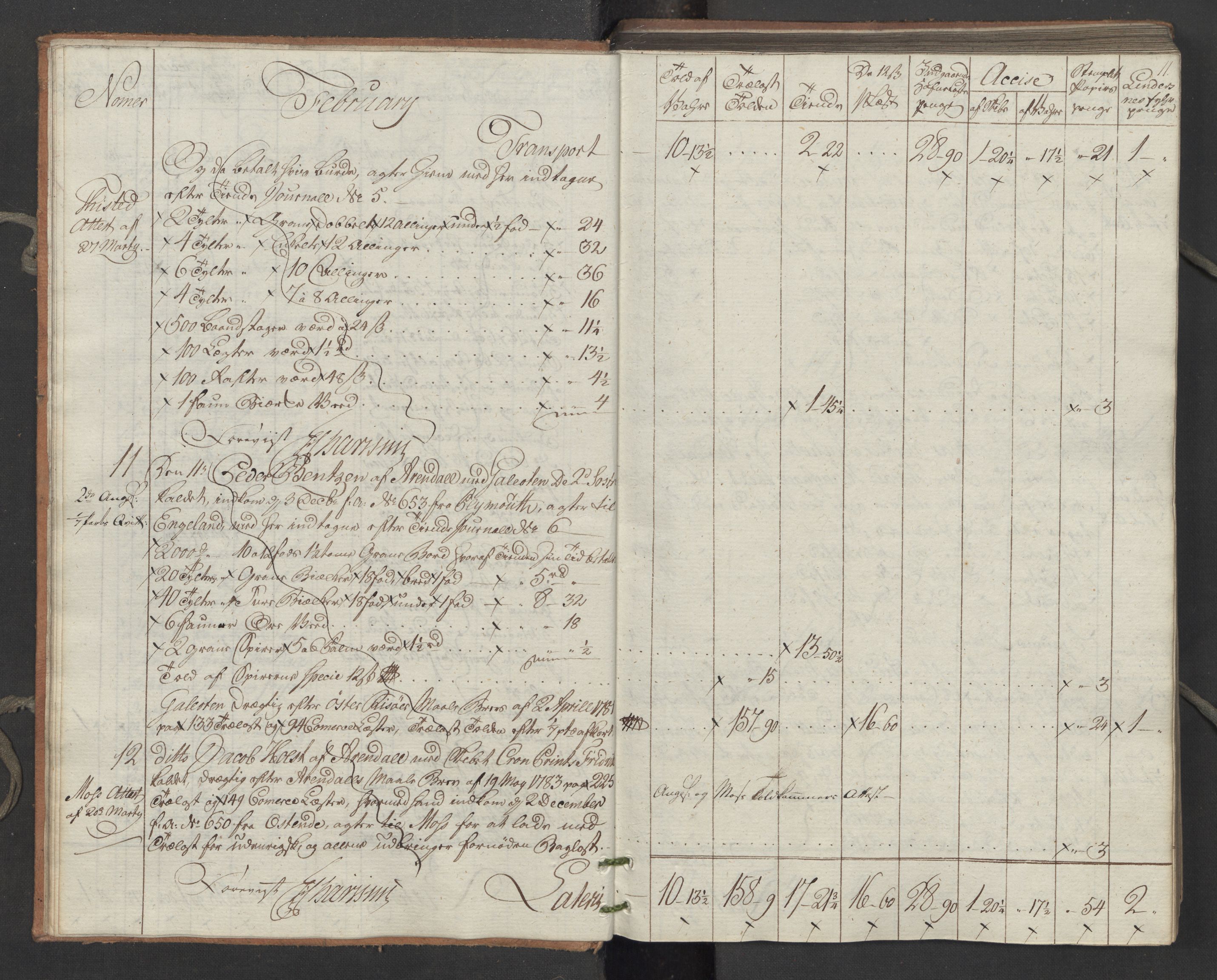 Generaltollkammeret, tollregnskaper, AV/RA-EA-5490/R15/L0122/0001: Tollregnskaper Arendal / Utgående tollbok, 1794, p. 10b-11a