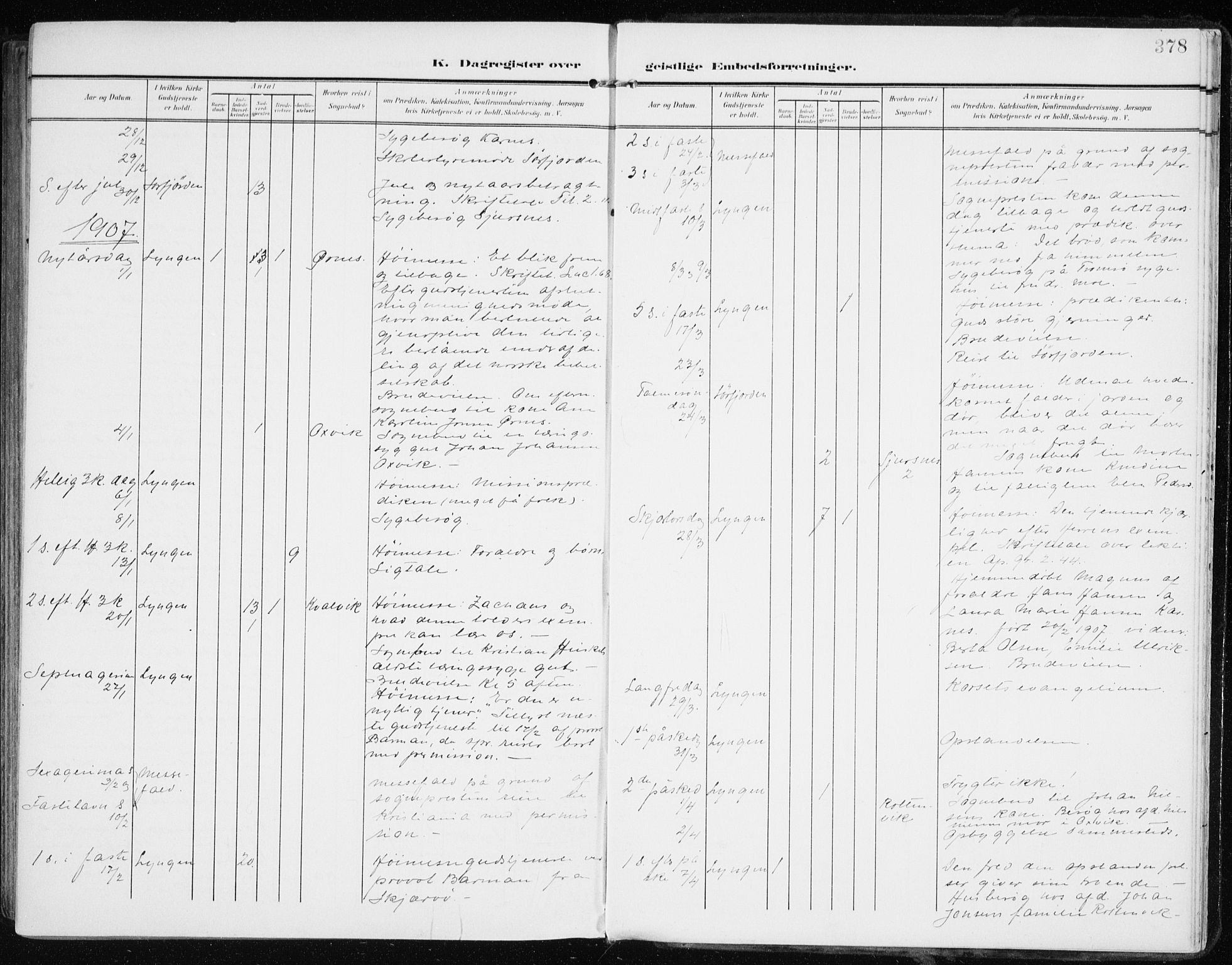 Lyngen sokneprestembete, AV/SATØ-S-1289/H/He/Hea/L0011kirke: Parish register (official) no. 11, 1903-1913, p. 378