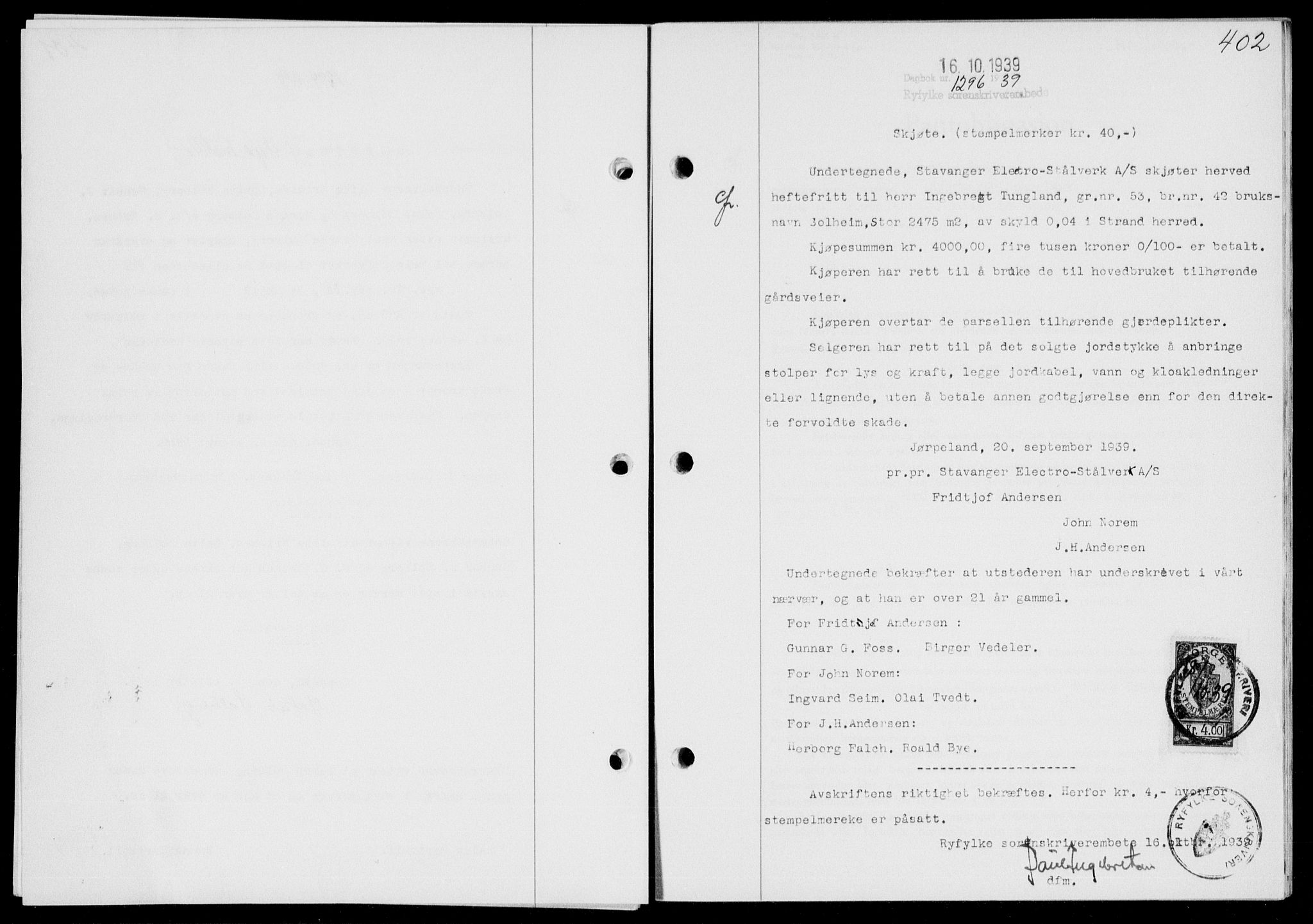 Ryfylke tingrett, SAST/A-100055/001/II/IIB/L0080: Mortgage book no. 59, 1939-1939, Diary no: : 1296/1939