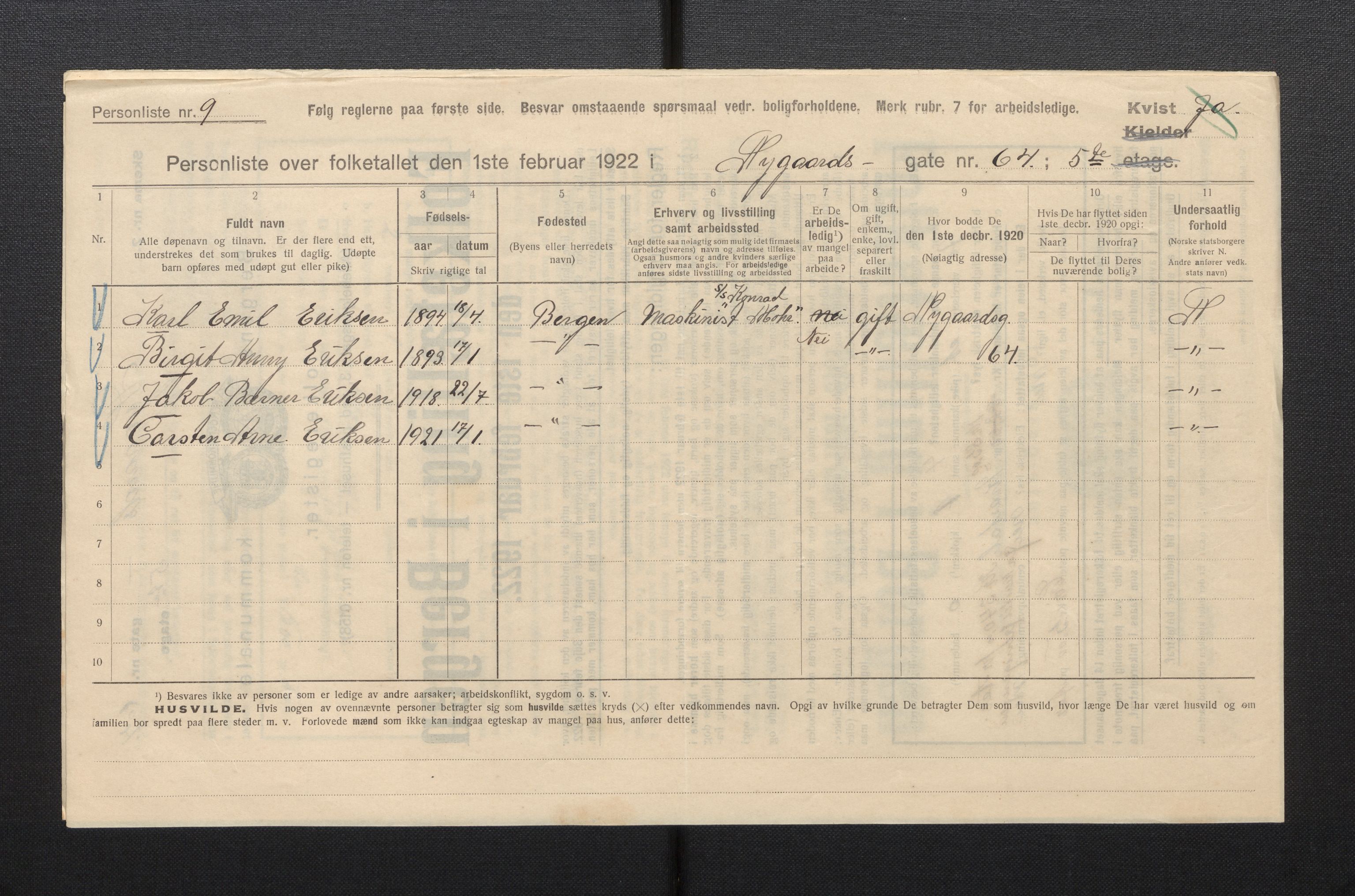 SAB, Municipal Census 1922 for Bergen, 1922, p. 28855