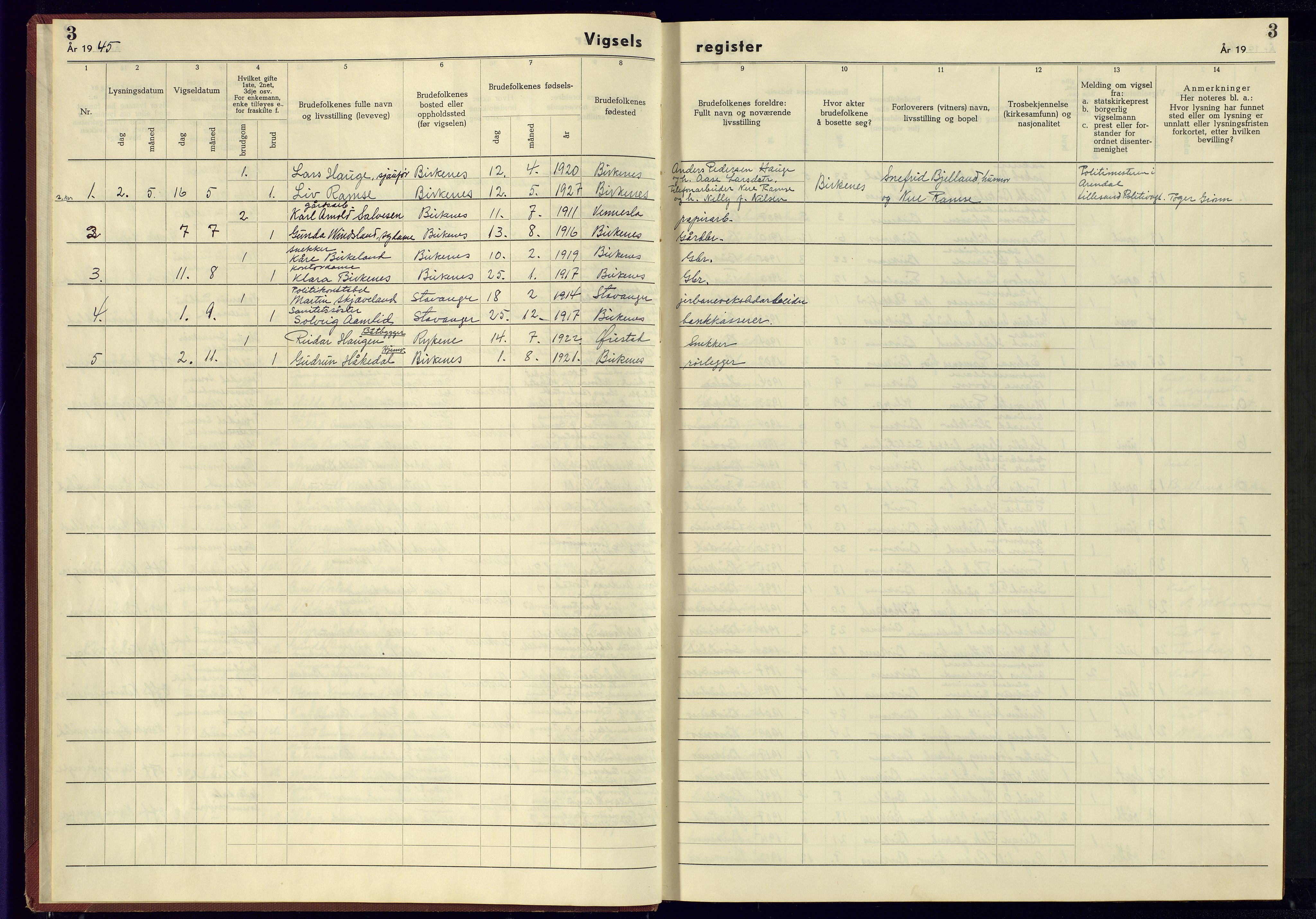 Birkenes sokneprestkontor, AV/SAK-1111-0004/J/Jb/L0002: Marriage register no. II.6.2, 1943-1951, p. 3