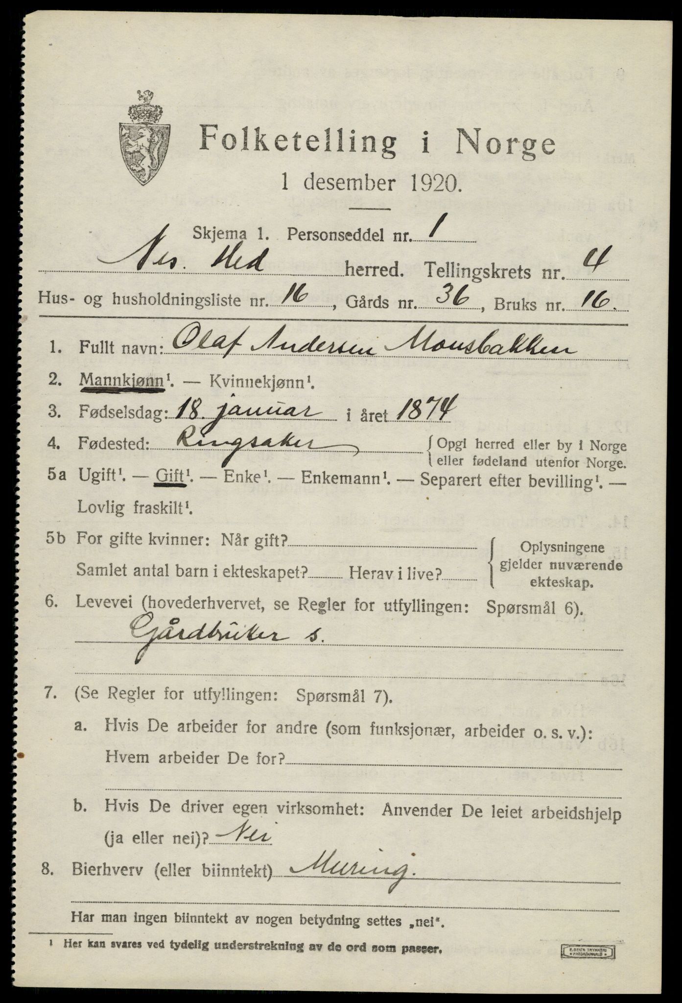 SAH, 1920 census for Nes (Hedmark), 1920, p. 5760