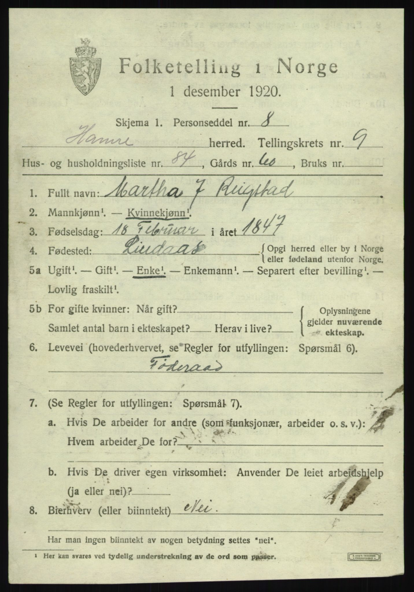 SAB, 1920 census for Hamre, 1920, p. 5949