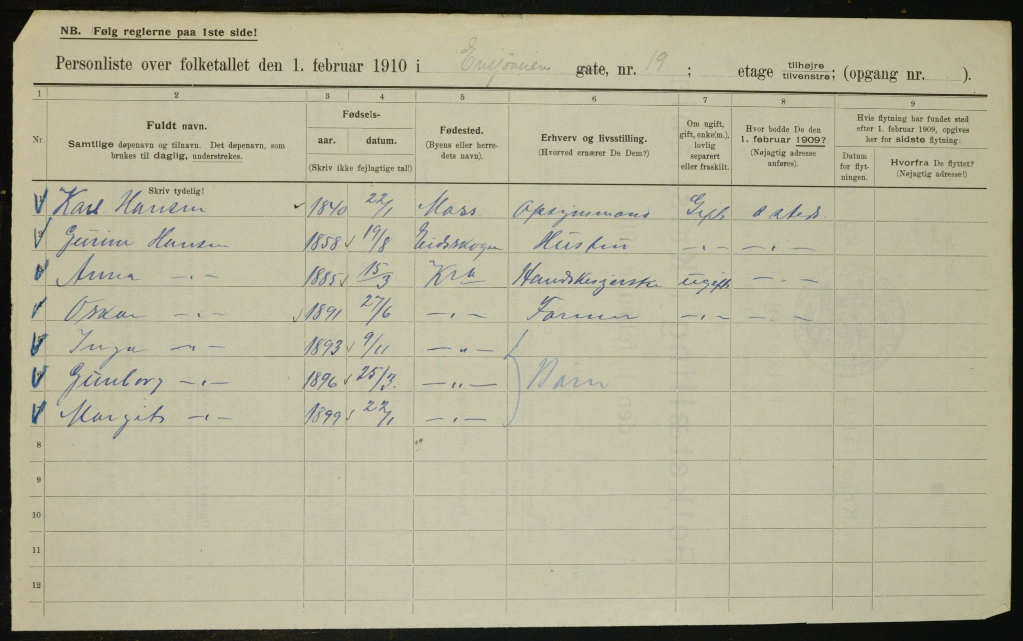 OBA, Municipal Census 1910 for Kristiania, 1910, p. 20109