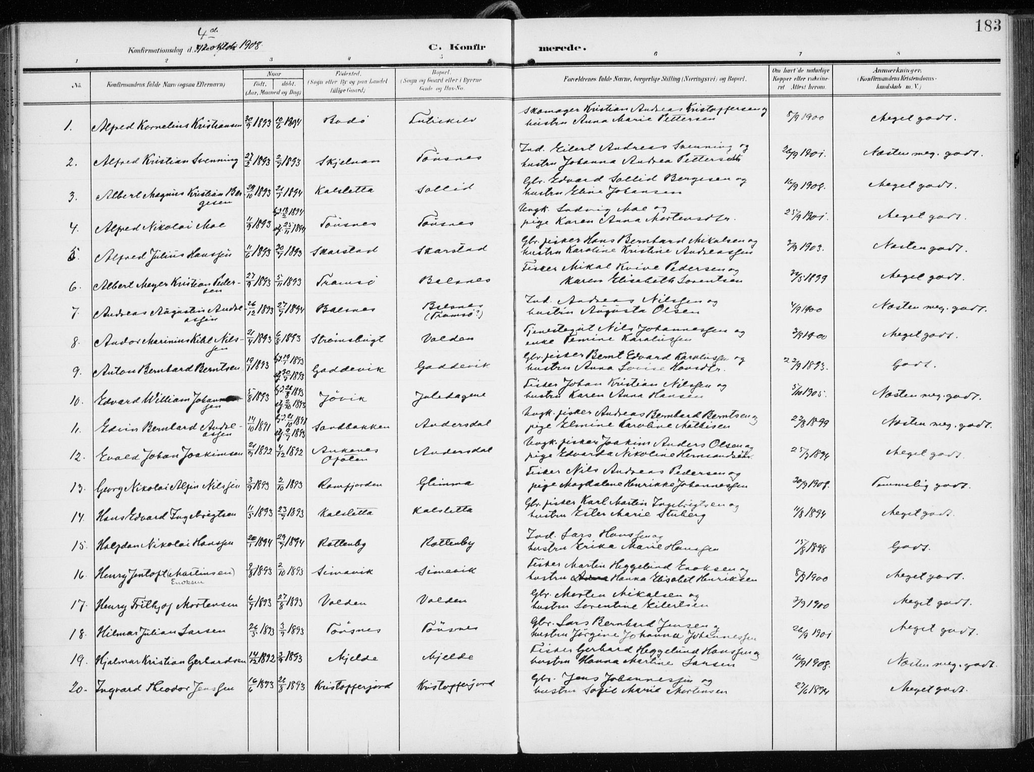 Tromsøysund sokneprestkontor, AV/SATØ-S-1304/G/Ga/L0007kirke: Parish register (official) no. 7, 1907-1914, p. 183