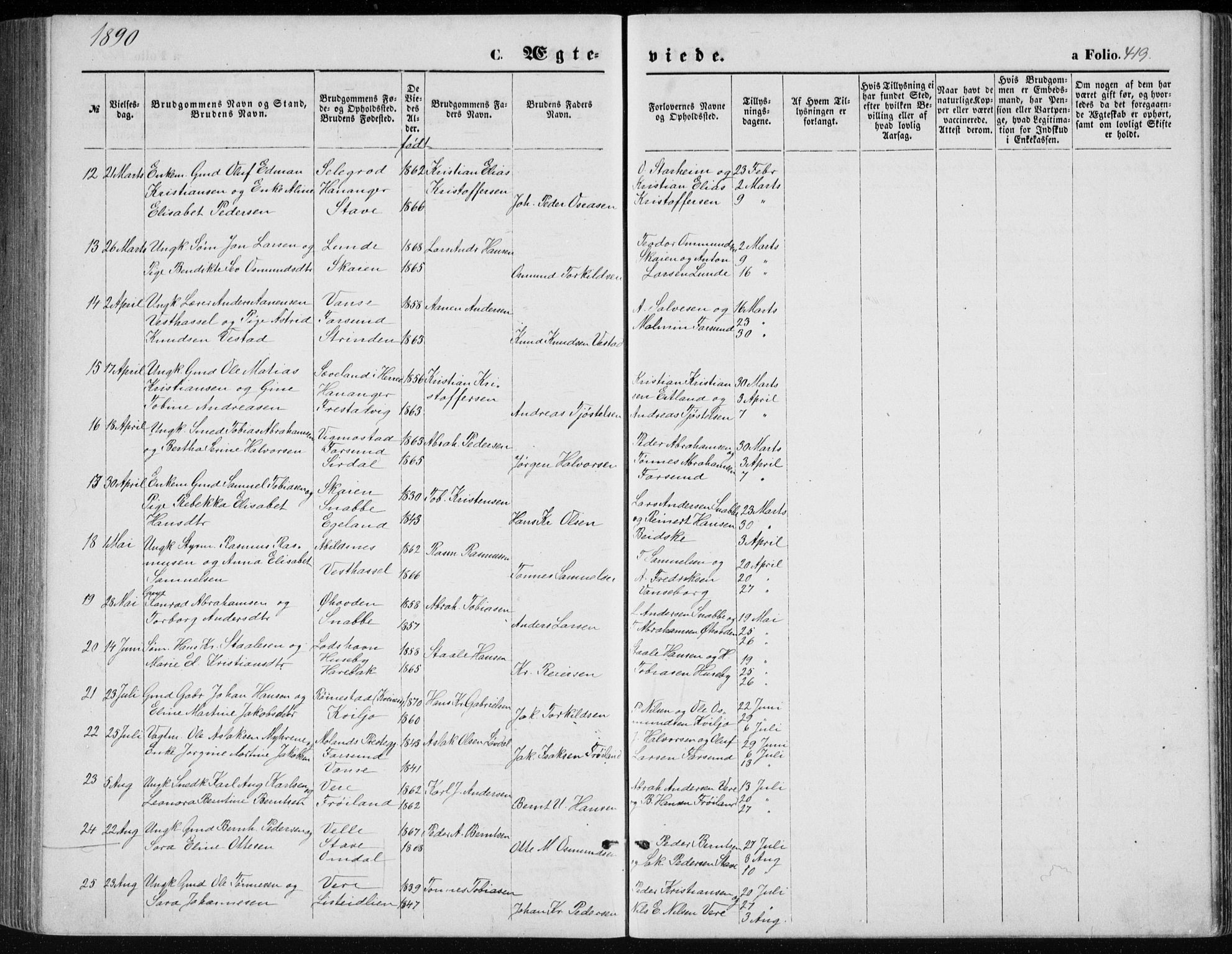 Lista sokneprestkontor, AV/SAK-1111-0027/F/Fb/L0004: Parish register (copy) no. B 4, 1877-1891, p. 419