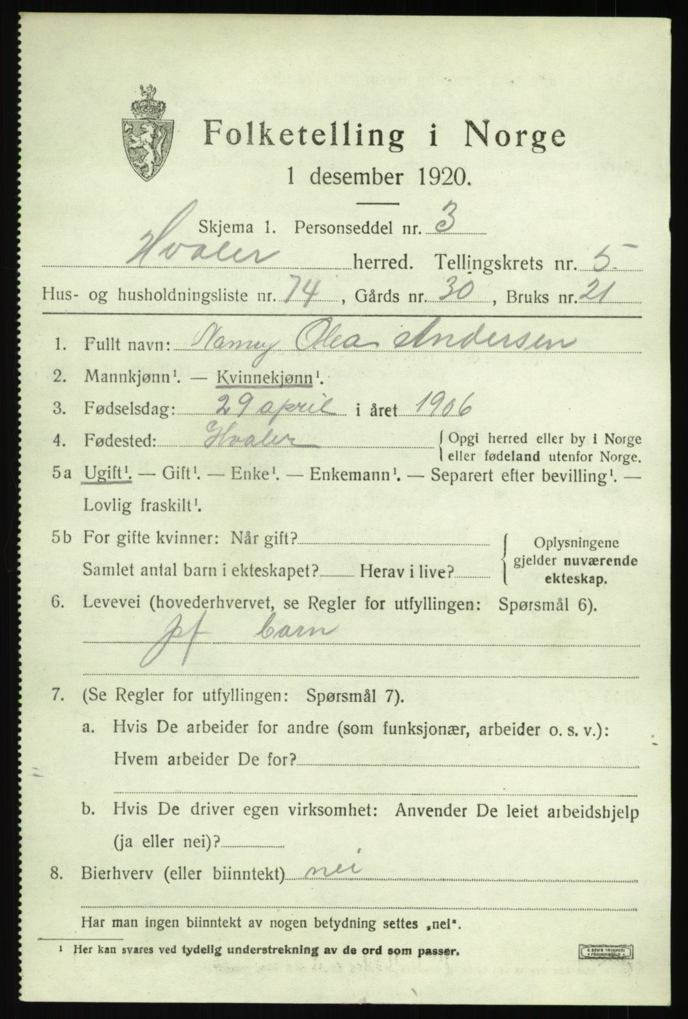 SAO, 1920 census for Hvaler, 1920, p. 5764