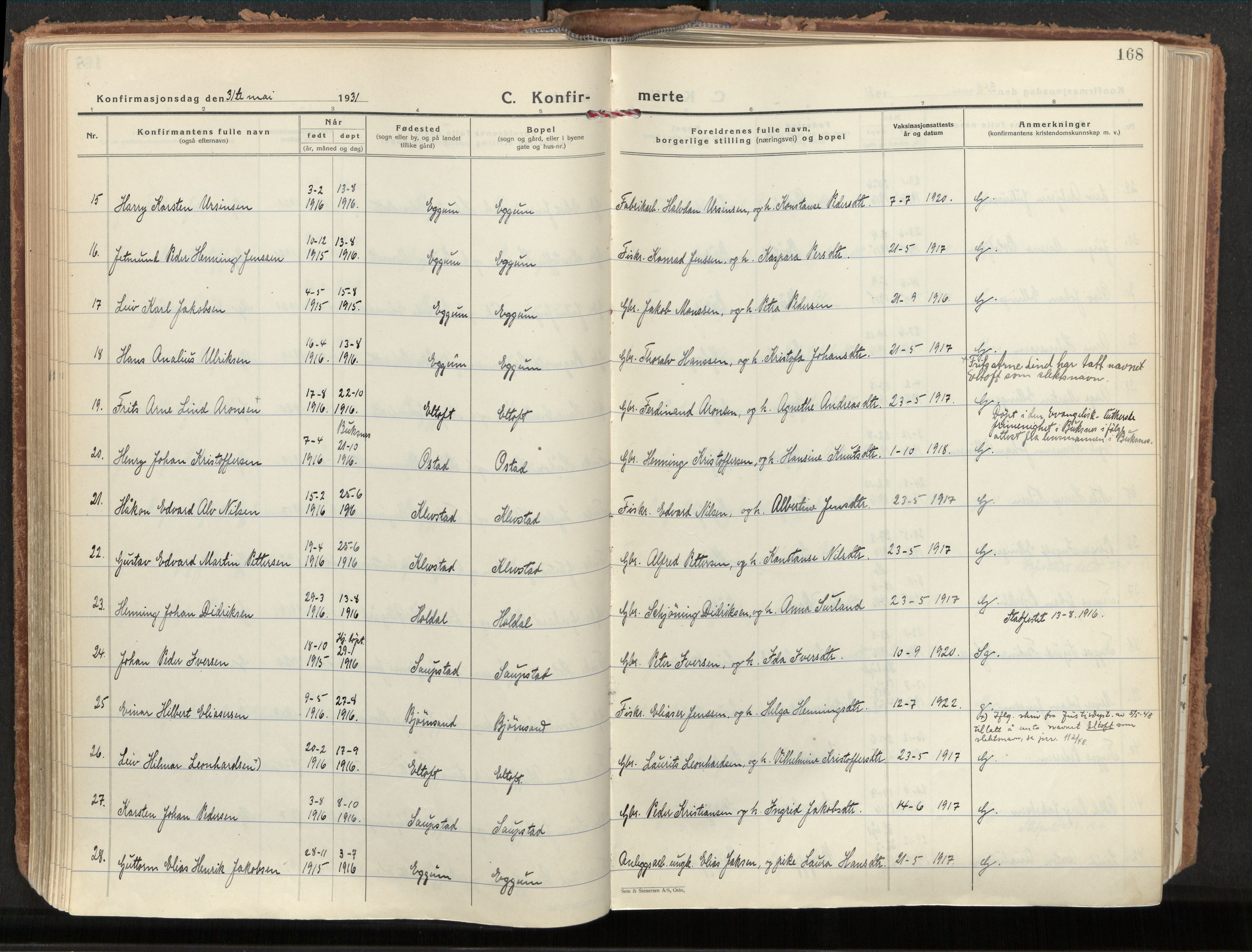 Ministerialprotokoller, klokkerbøker og fødselsregistre - Nordland, AV/SAT-A-1459/880/L1137: Parish register (official) no. 880A11, 1927-1944, p. 168