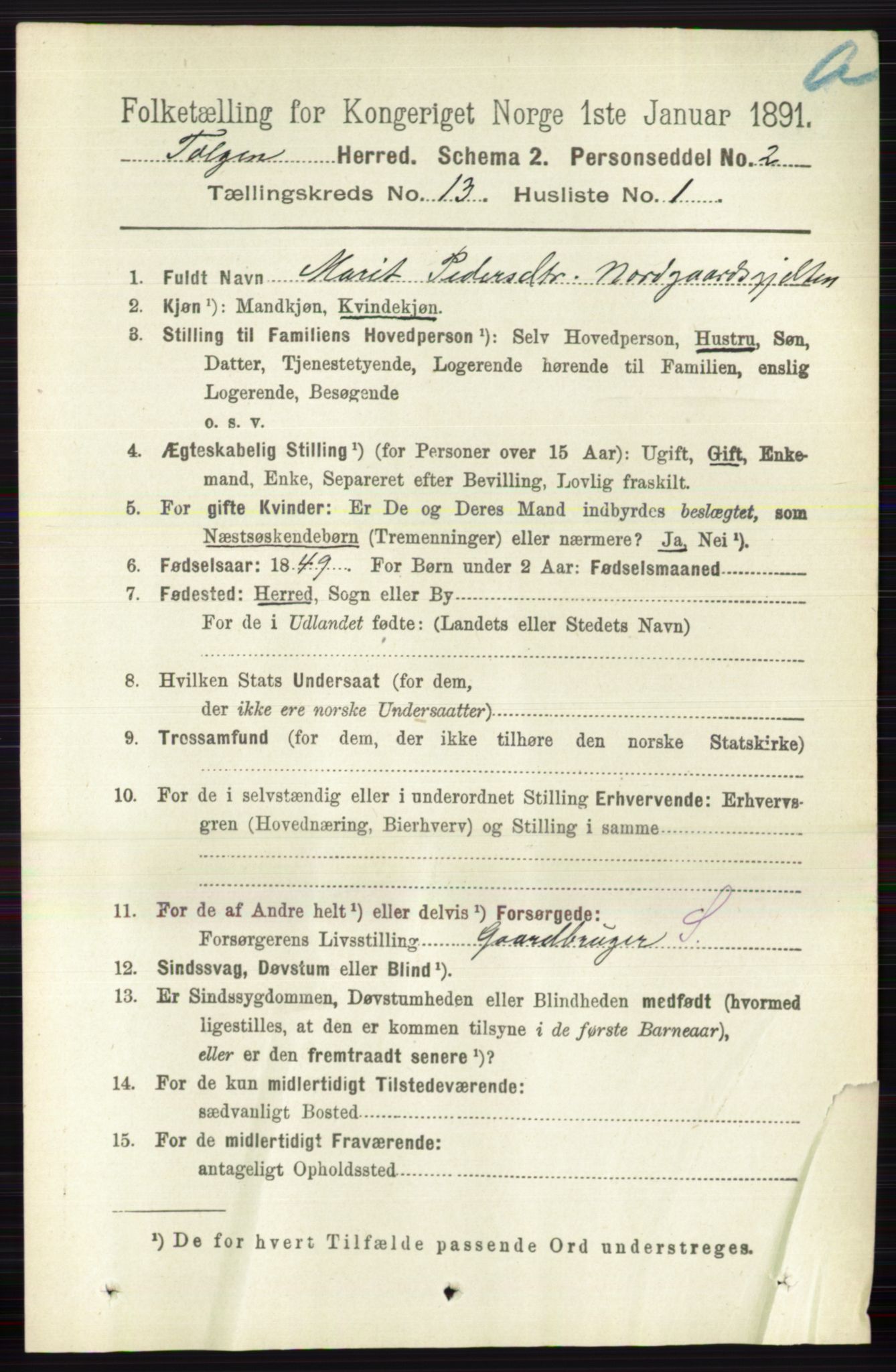 RA, 1891 census for 0436 Tolga, 1891, p. 3881