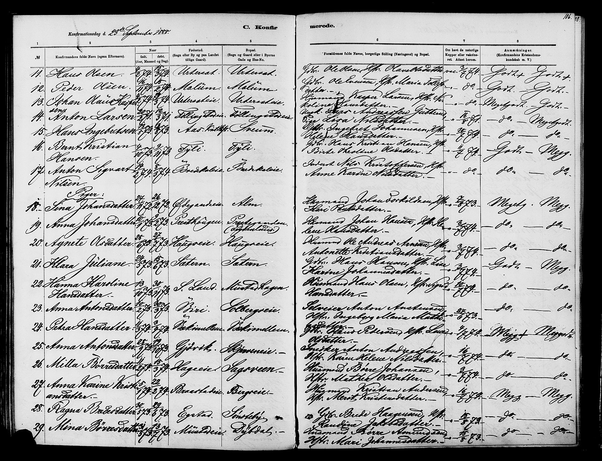 Vardal prestekontor, SAH/PREST-100/H/Ha/Haa/L0010: Parish register (official) no. 10, 1878-1893, p. 106