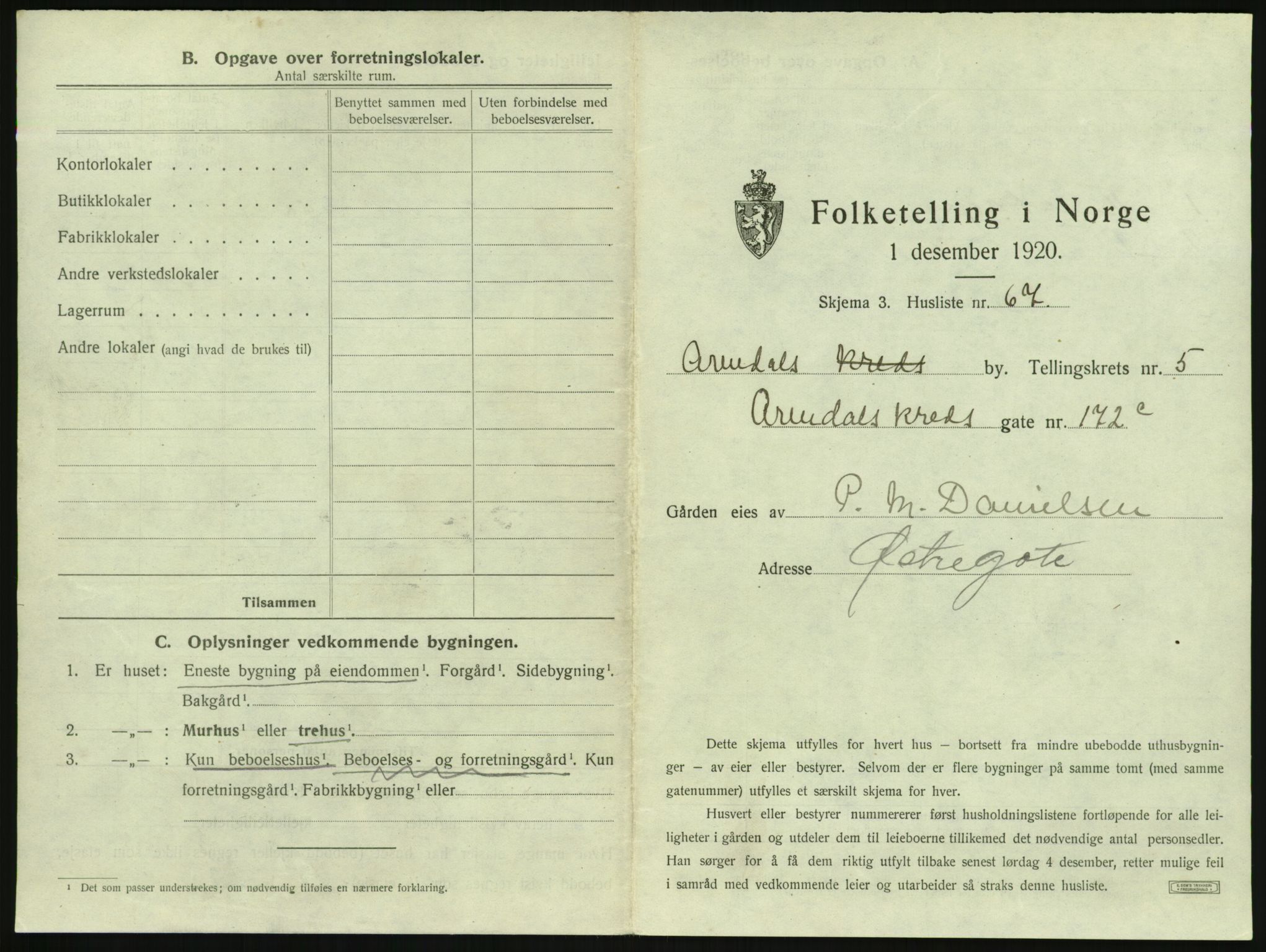 SAK, 1920 census for Arendal, 1920, p. 706