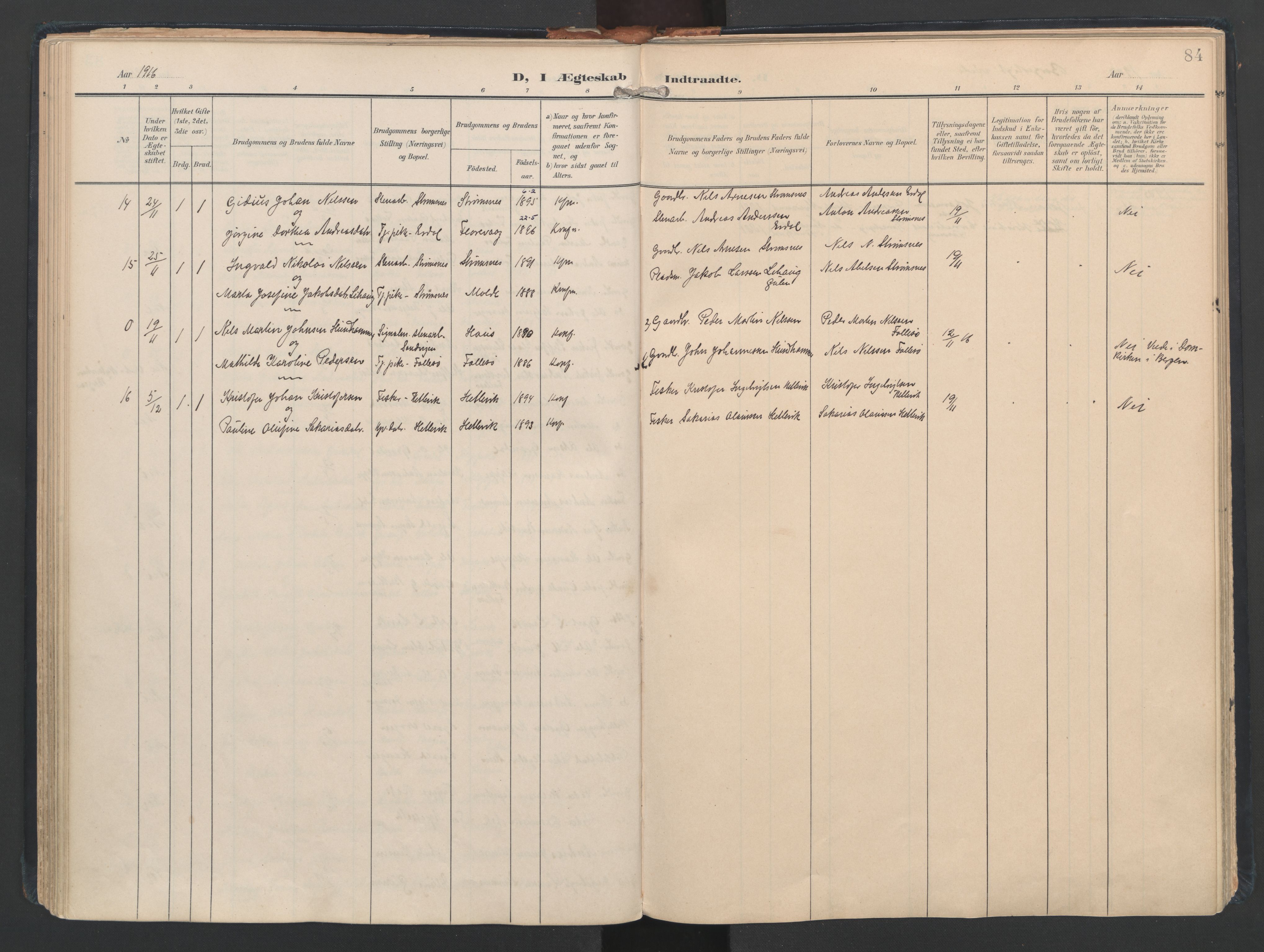 Askøy Sokneprestembete, AV/SAB-A-74101/H/Ha/Haa/Haad/L0001: Parish register (official) no. D 1, 1902-1916, p. 84