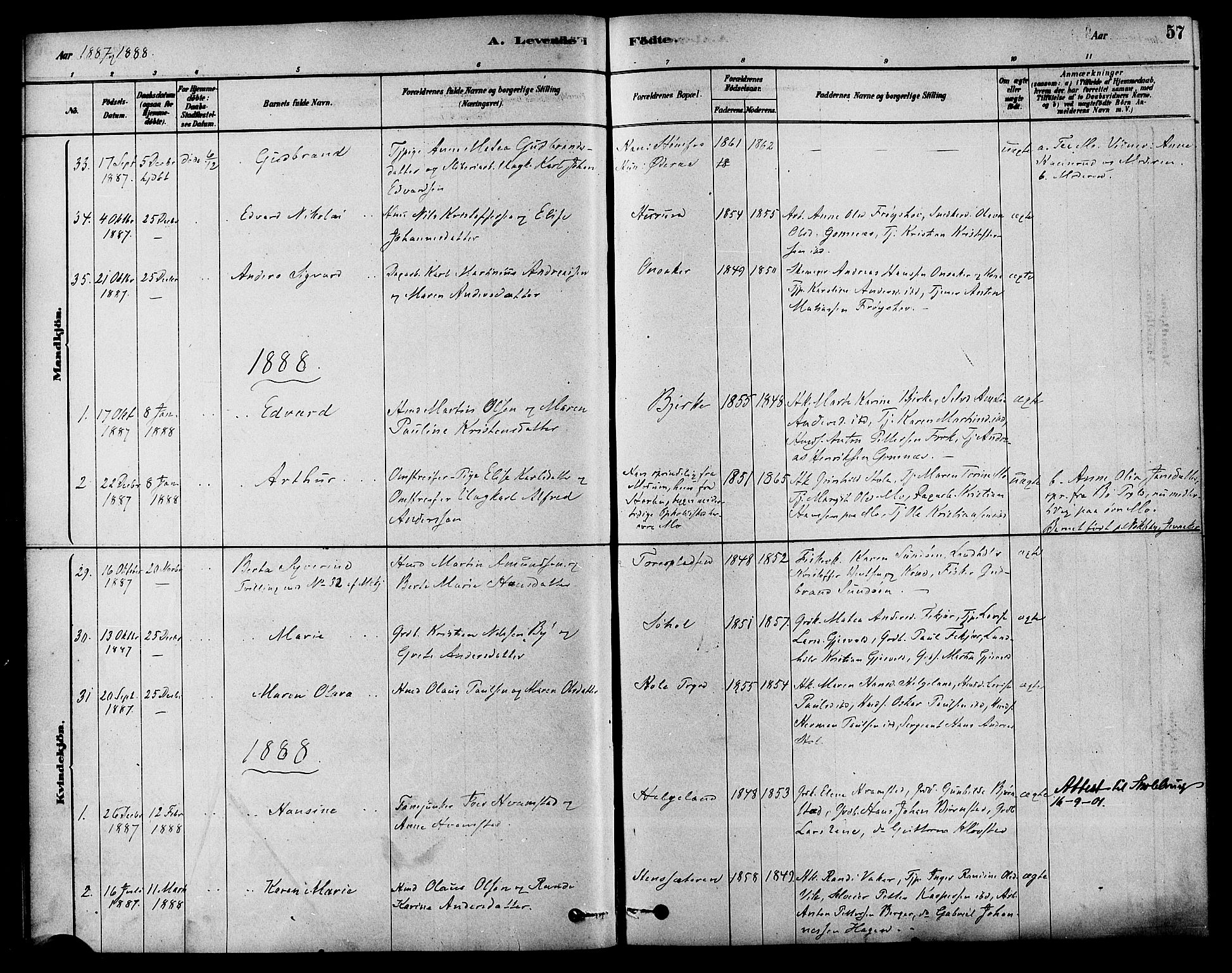 Hole kirkebøker, AV/SAKO-A-228/F/Fa/L0008: Parish register (official) no. I 8, 1878-1891, p. 57
