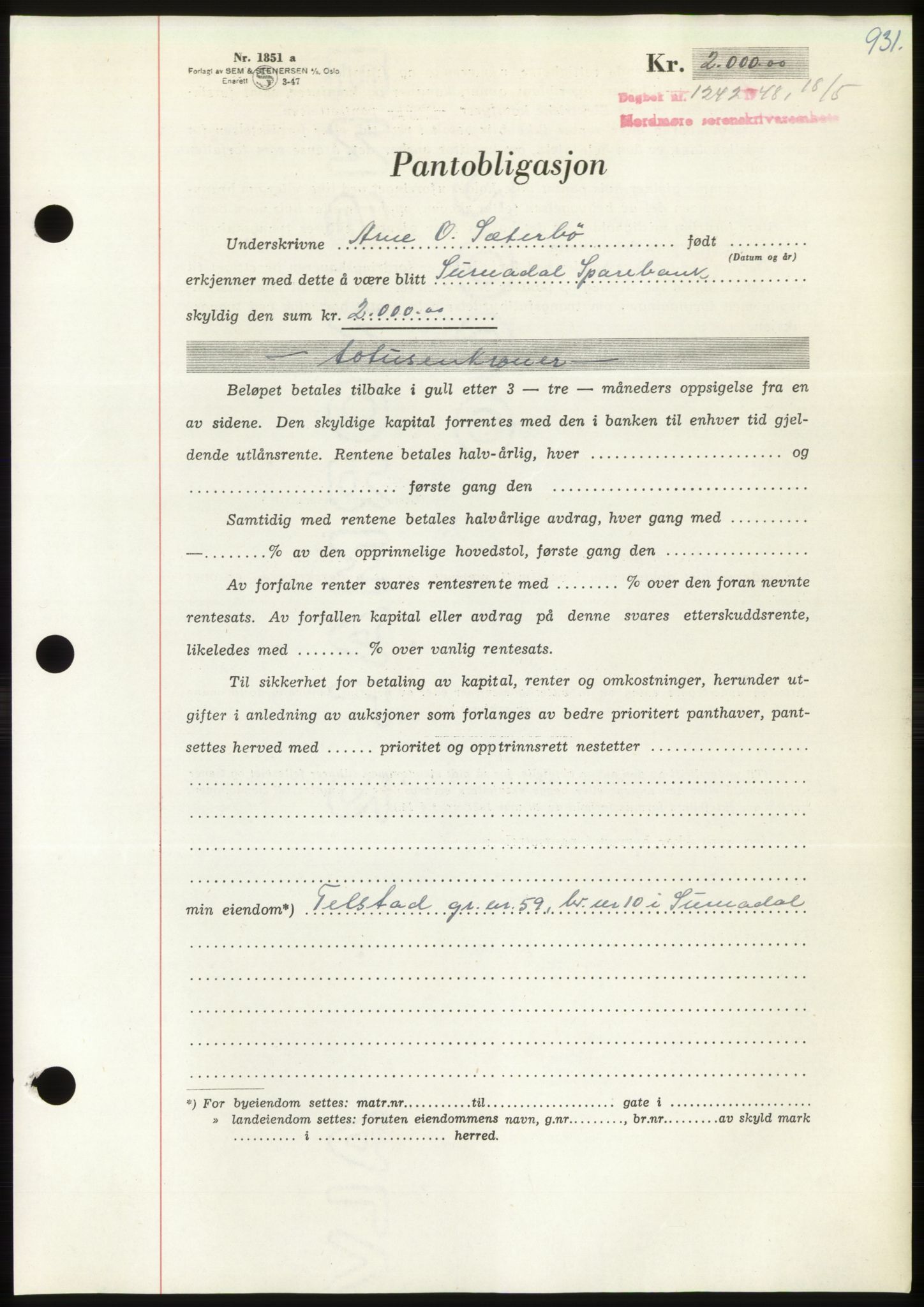 Nordmøre sorenskriveri, AV/SAT-A-4132/1/2/2Ca: Mortgage book no. B98, 1948-1948, Diary no: : 1242/1948